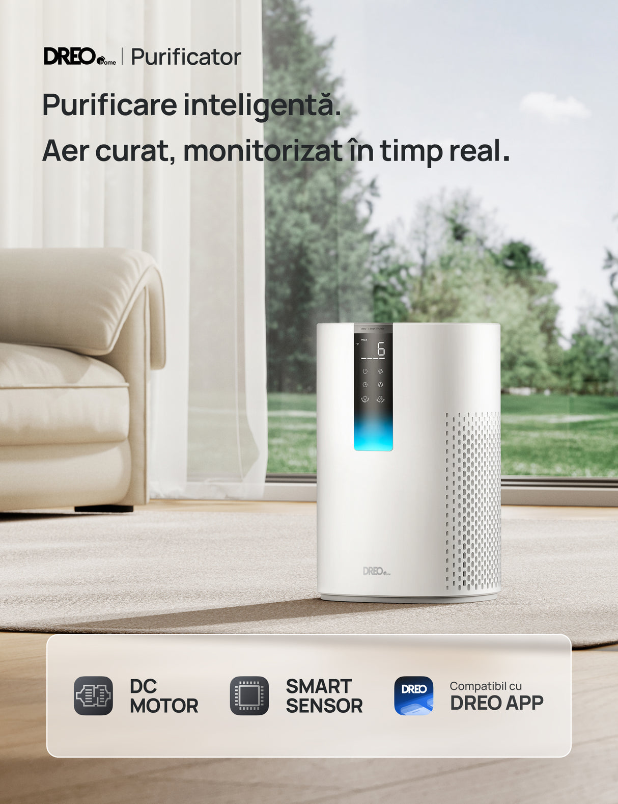 Purificator aer Dreo Macro 505S Smart, WI-FI, CADR 202 m³/h, Filtru 3 in 1 H13 True HEPA, Senzor calitate aer, Mod Auto, Mod de noapte, Lumină ambientală, 4 trepte de viteza, Timer, Până la 17 m2, Alb