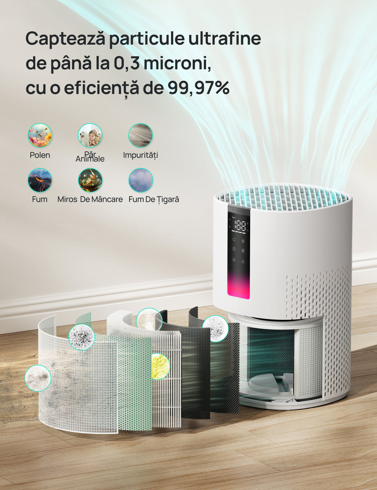 Purificator aer Dreo Macro 505S Smart, WI-FI, CADR 202 m³/h, Filtru 3 in 1 H13 True HEPA, Senzor calitate aer, Mod Auto, Mod de noapte, Lumină ambientală, 4 trepte de viteza, Timer, Până la 17 m2, Alb