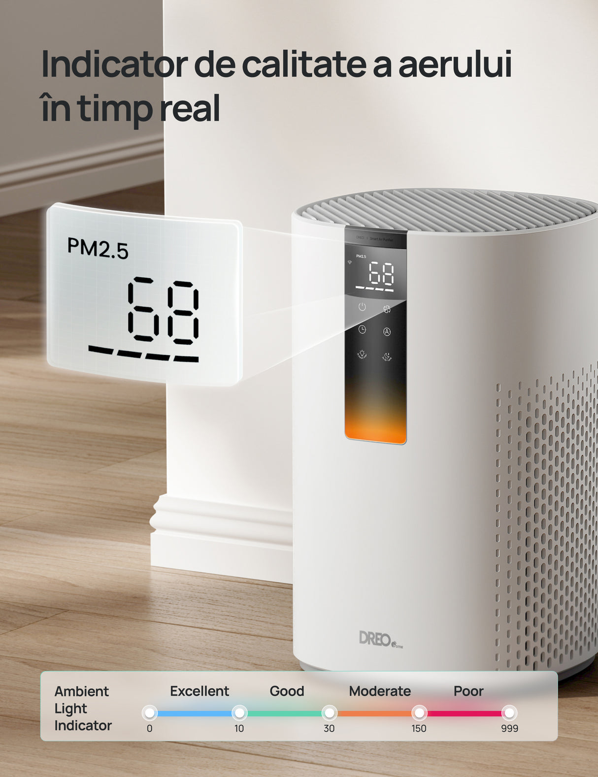 Purificator aer Dreo Macro 505S Smart, WI-FI, CADR 202 m³/h, Filtru 3 in 1 H13 True HEPA, Senzor calitate aer, Mod Auto, Mod de noapte, Lumină ambientală, 4 trepte de viteza, Timer, Până la 17 m2, Alb