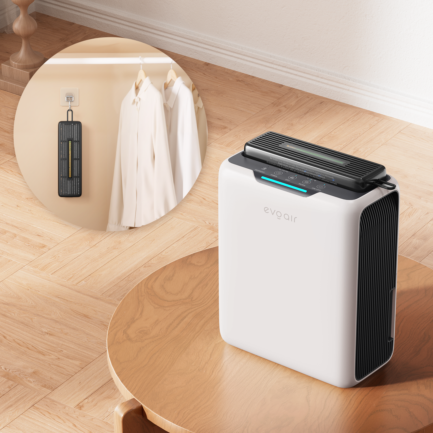 Dezumidificator aer Evoair HUMIXDUO, 500ml/24h, 3 Moduri funcționare, Silențios, Lumină Ambientală, Rezerva cu Silicagel, Timer 48h, Rezervor 2.5l, Alb