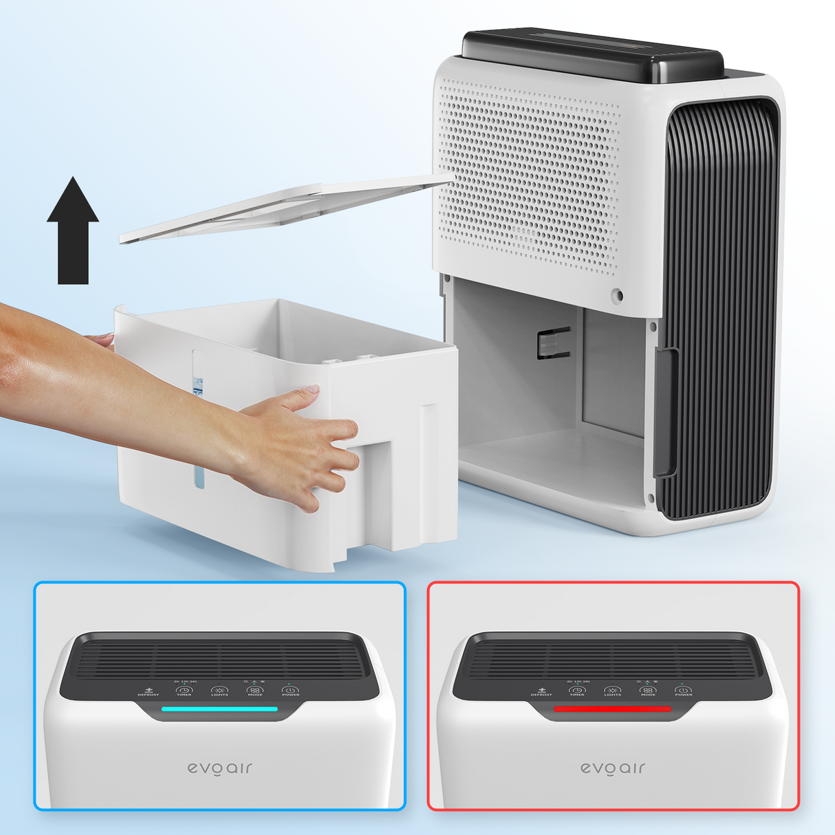 Dezumidificator aer Evoair HUMIXDUO, 500ml/24h, 3 Moduri funcționare, Silențios, Lumină Ambientală, Rezerva cu Silicagel, Timer 48h, Rezervor 2.5l, Alb