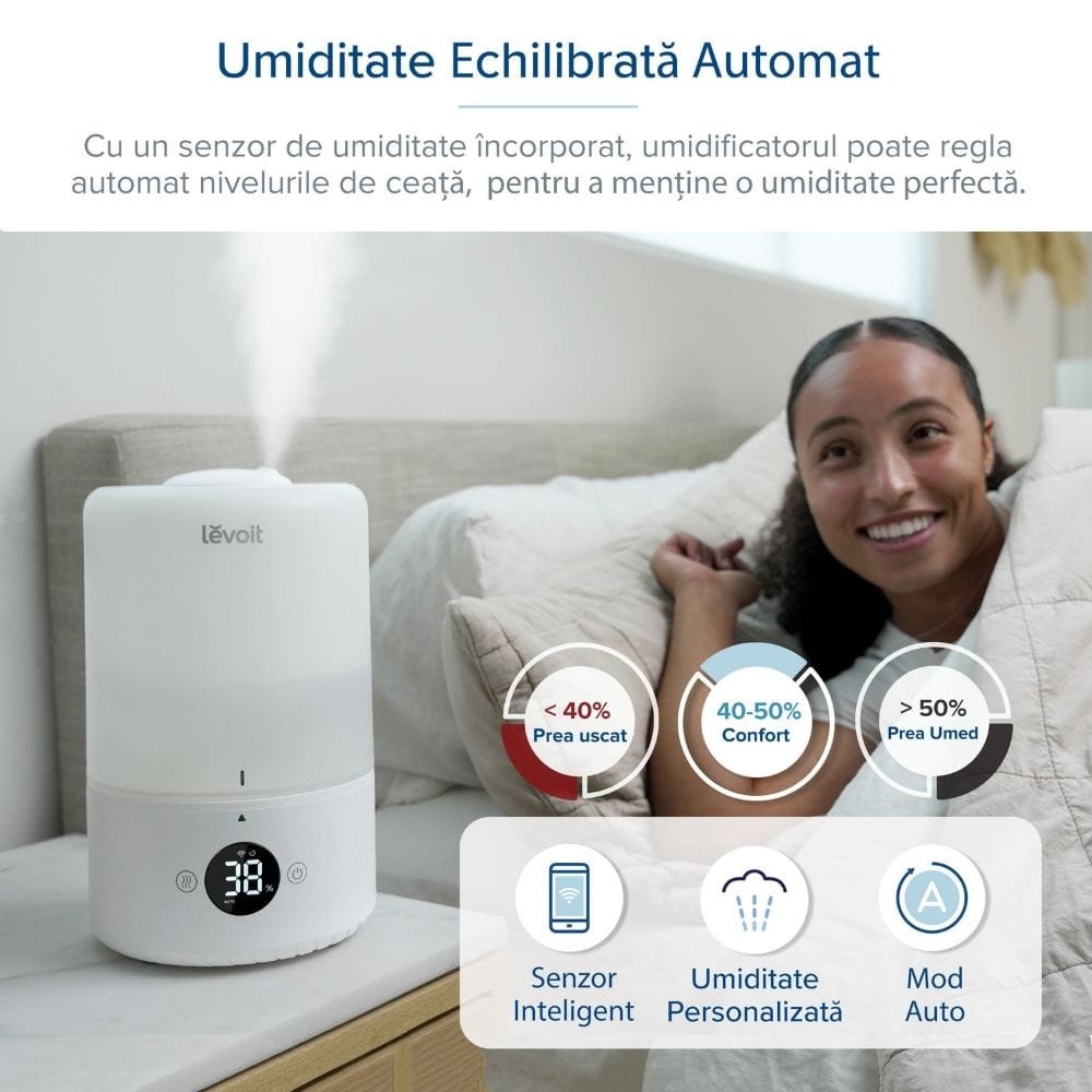 Umidificator de Aer LEVOIT Dual 200S, SMART, WI-FI Ultrasonic, Rezervor 3l, Silentios, Aromaterapie, Functie AUTO, Autonomie 25 Ore