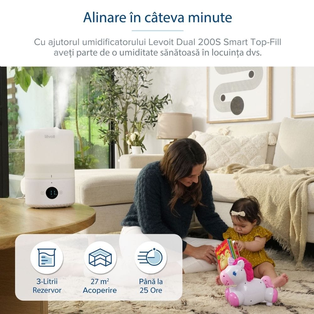 Resigilat! Umidificator de Aer LEVOIT Dual 200S, SMART, WI-FI Ultrasonic, Rezervor 3l, Silentios, Aromaterapie, Functie AUTO, Autonomie 25 Ore