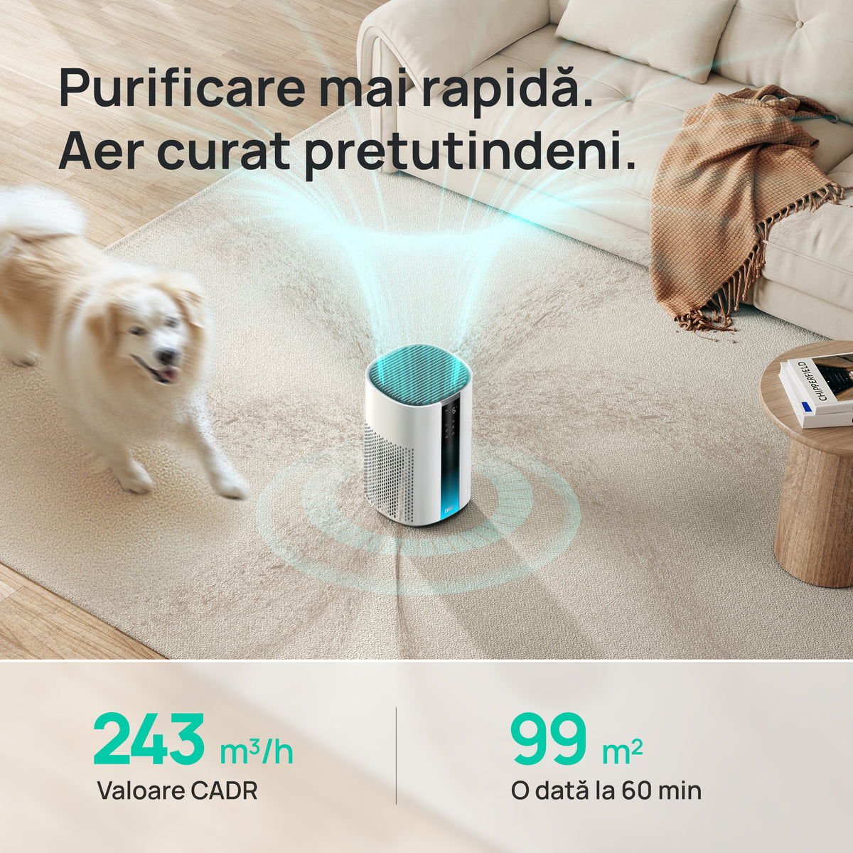Resigilat! Purificator aer Dreo 337S Smart, Wifi, 243 m³/h, Filtru 3 in 1 H 13 True HEPA, Senzor calitate aer, 4 trepte de viteză, Mod Turbo, Mod Auto, Mod de noapte, Lumină ambientală, Până la 99 m³, Alb