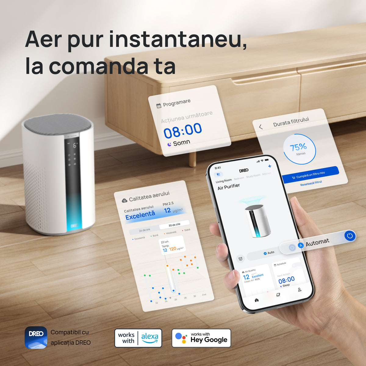 Resigilat! Purificator aer Dreo 337S Smart, Wifi, 243 m³/h, Filtru 3 in 1 H 13 True HEPA, Senzor calitate aer, 4 trepte de viteză, Mod Turbo, Mod Auto, Mod de noapte, Lumină ambientală, Până la 99 m³, Alb