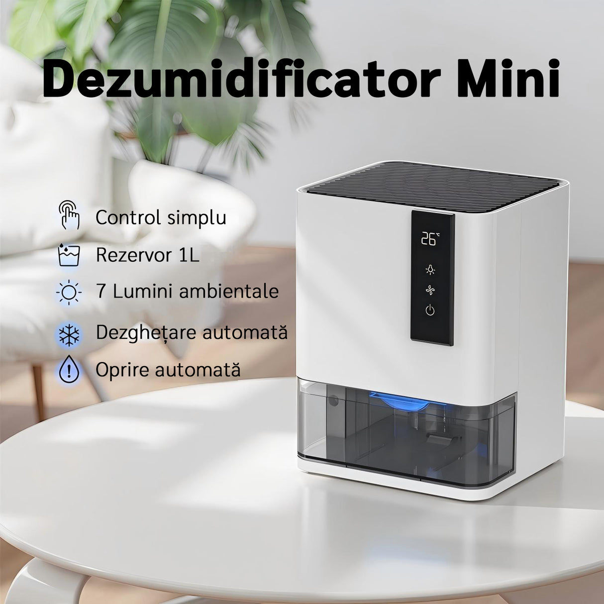 Resigilat! Dezumidificator Evoair HIDRY, 700ml/24h, Senzor de Umiditate/Temperatura, Lumina ambientala in 7 culori, Rezervor 1l, 2 viteze, Functie Auto Dezghetare, Alb