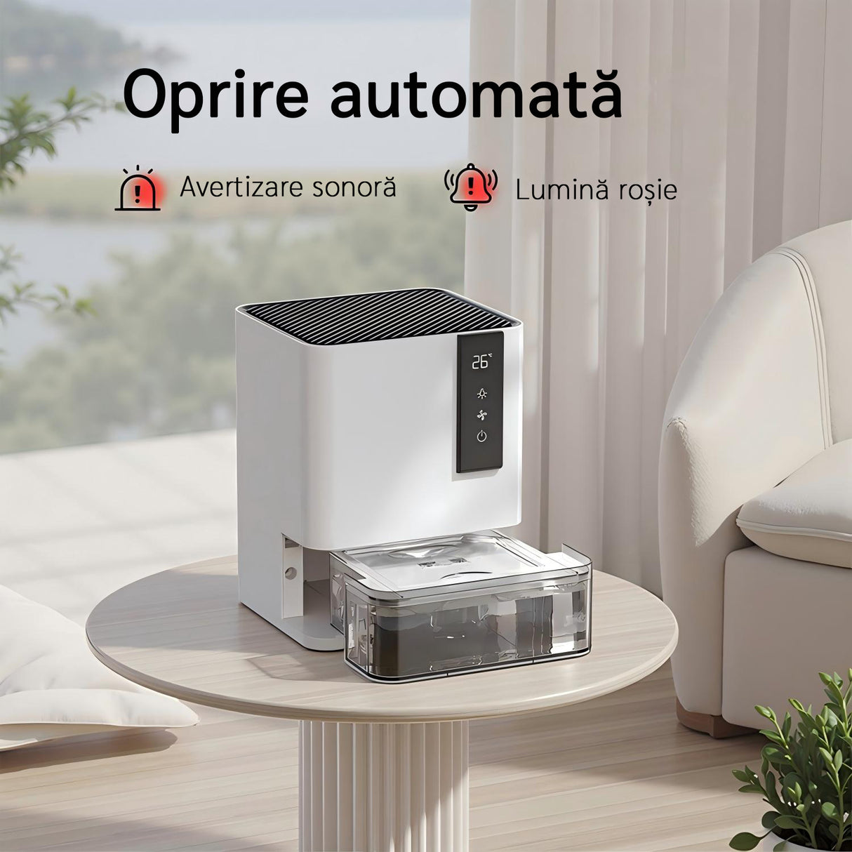 Resigilat! Dezumidificator Evoair HIDRY, 700ml/24h, Senzor de Umiditate/Temperatura, Lumina ambientala in 7 culori, Rezervor 1l, 2 viteze, Functie Auto Dezghetare, Alb