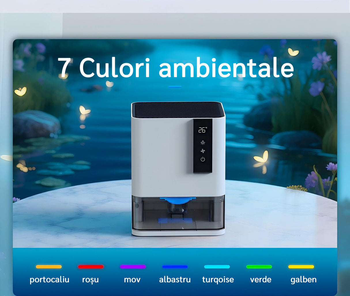 Resigilat! Dezumidificator Evoair HIDRY, 700ml/24h, Senzor de Umiditate/Temperatura, Lumina ambientala in 7 culori, Rezervor 1l, 2 viteze, Functie Auto Dezghetare, Alb