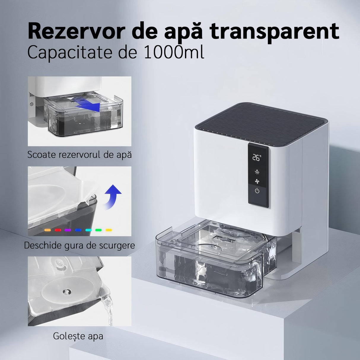 Resigilat! Dezumidificator Evoair HIDRY, 700ml/24h, Senzor de Umiditate/Temperatura, Lumina ambientala in 7 culori, Rezervor 1l, 2 viteze, Functie Auto Dezghetare, Alb