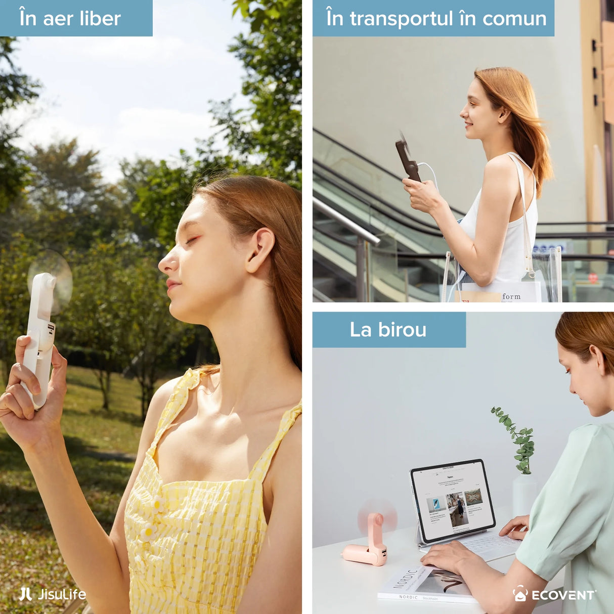 Ventilator portabil de mână JISULIFEl, Life8, autonomie 12-21h, baterie 2000mAh, funcție Power Bank, lanternă LED, design pliabil, 2 viteze, încărcare rapidă, Roz