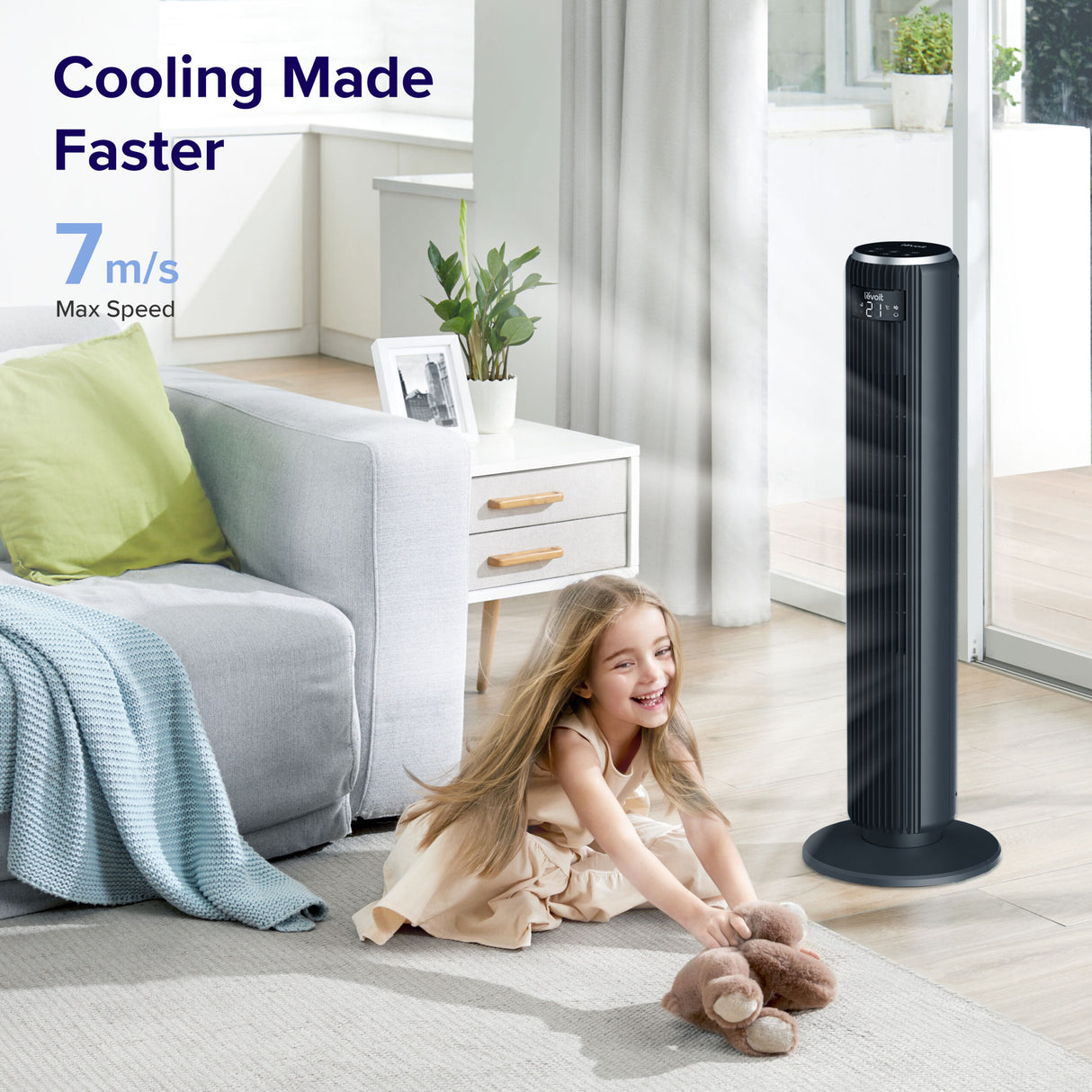 Ventilator turn Levoit, 92cm, 5 viteze, 4 moduri de funcționare, foarte silențios, telecomandă, negru