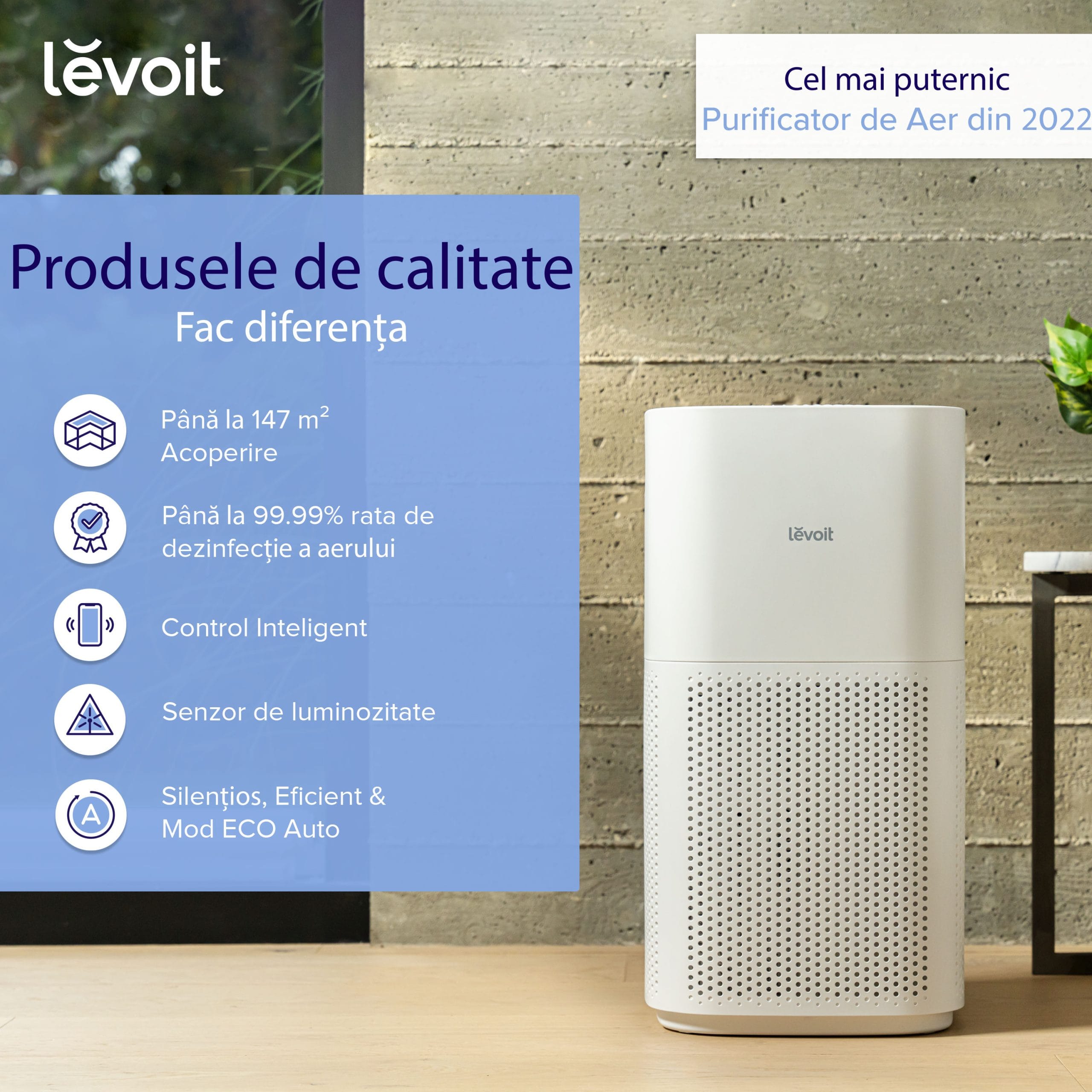 Purificator de aer Smart Levoit Core 600S Wi-Fi, Filtru 3 in 1 True HEPA, Senzor Calitate Aer, Mod Auto, Alexa, Google Home, Panou Comanda Touch Screen, Control Remote, Alb