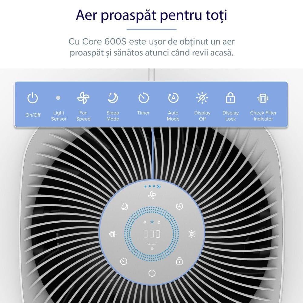Purificator de aer Smart Levoit Core 600S Wi-Fi, Filtru 3 in 1 True HEPA, Senzor Calitate Aer, Mod Auto, Alexa, Google Home, Panou Comanda Touch Screen, Control Remote, Alb