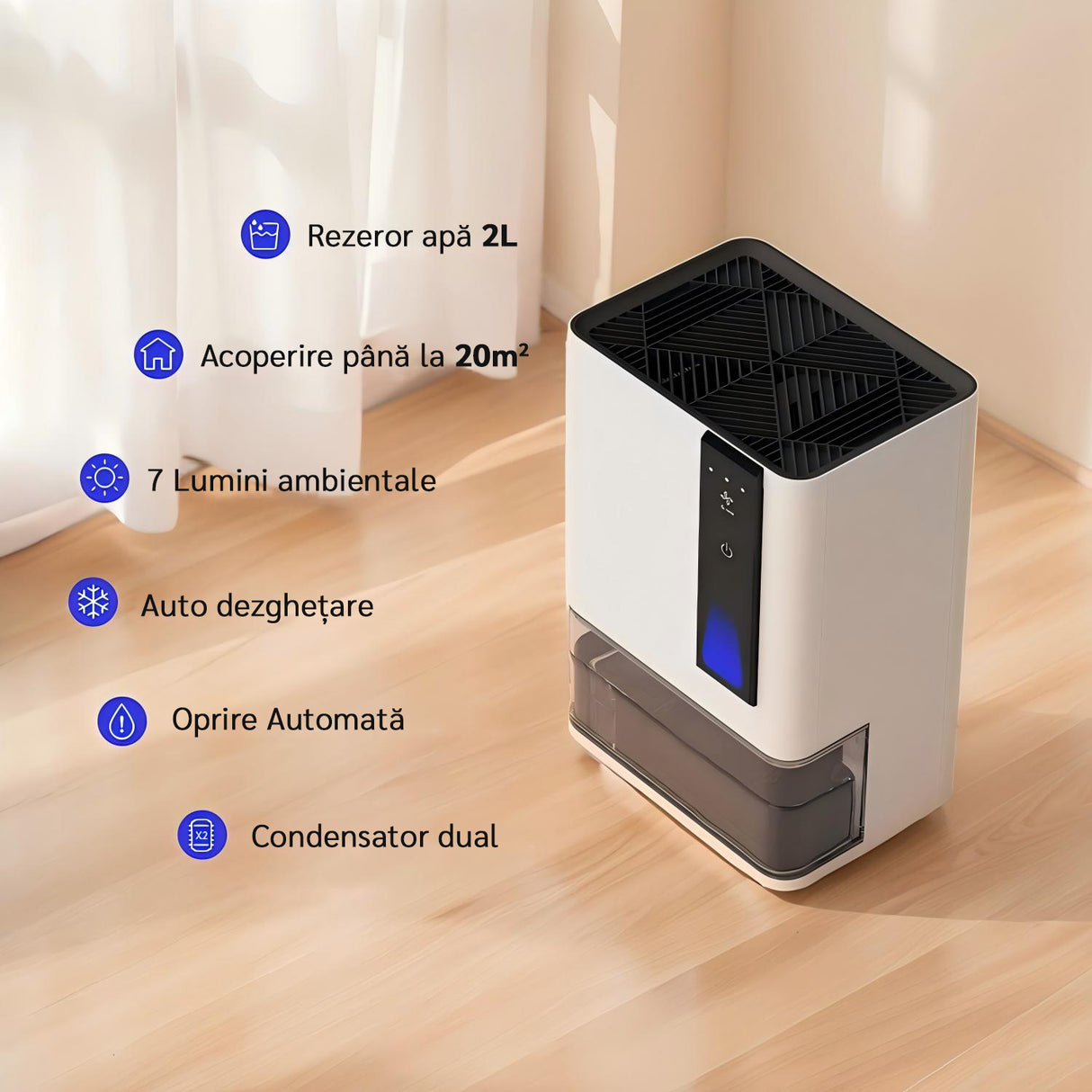 Dezumidificator Evoair HIDRY PLUS, 900ml/24h, Lumina ambientala in 7 culori, Rezervor 1.9l, 3 Viteze, Functie Auto Dezghetare, Alb