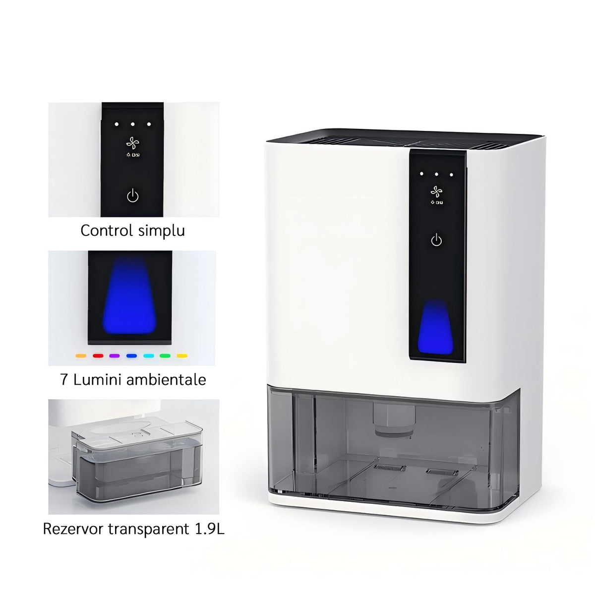Dezumidificator Evoair HIDRY PLUS, 900ml/24h, Lumină ambientală în 7 culori, Rezervor 1.9l, 3 Viteze, Funcție Auto Dezghețare, Alb