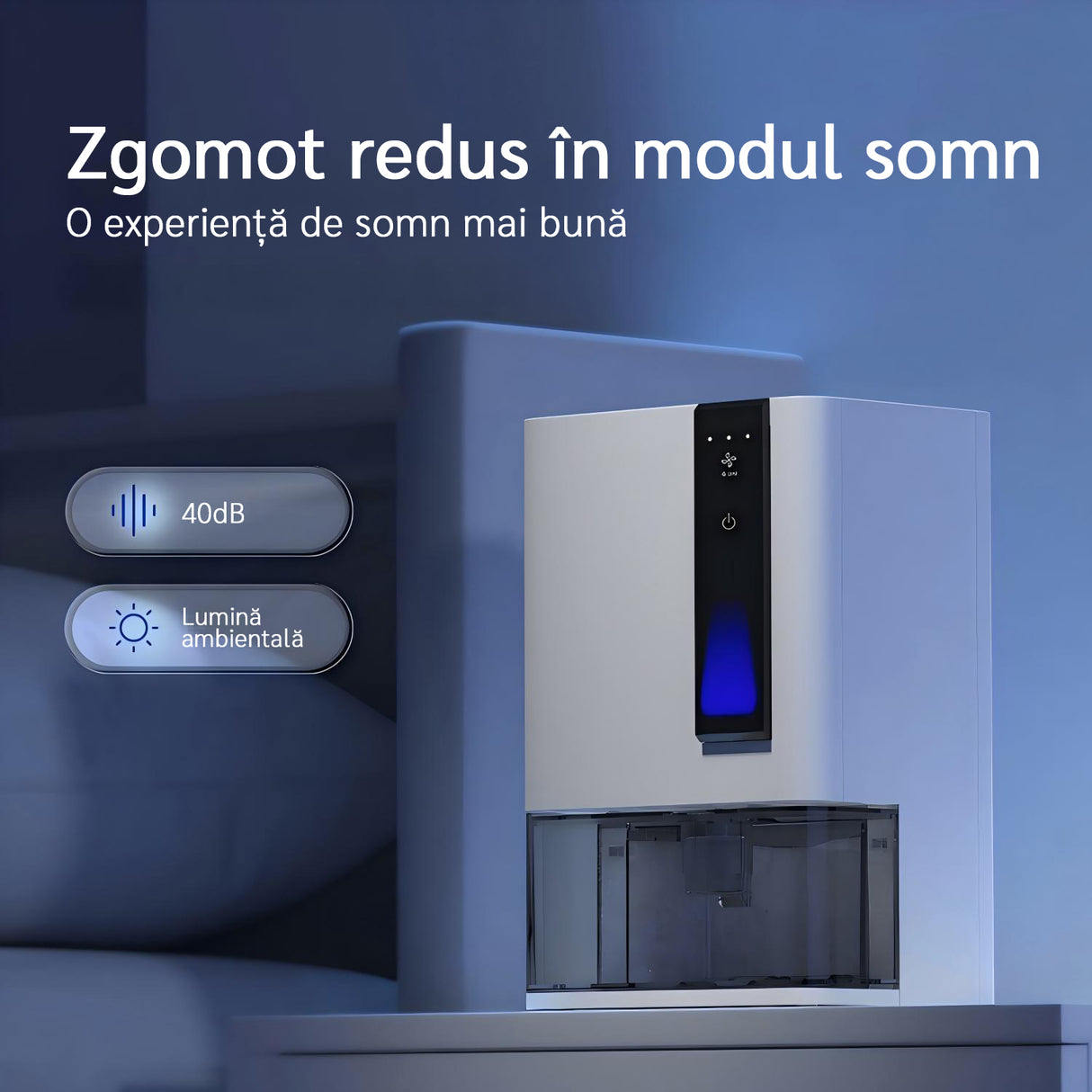 Dezumidificator Evoair HIDRY PLUS, 900ml/24h, Lumina ambientala in 7 culori, Rezervor 1.9l, 3 Viteze, Functie Auto Dezghetare, Alb