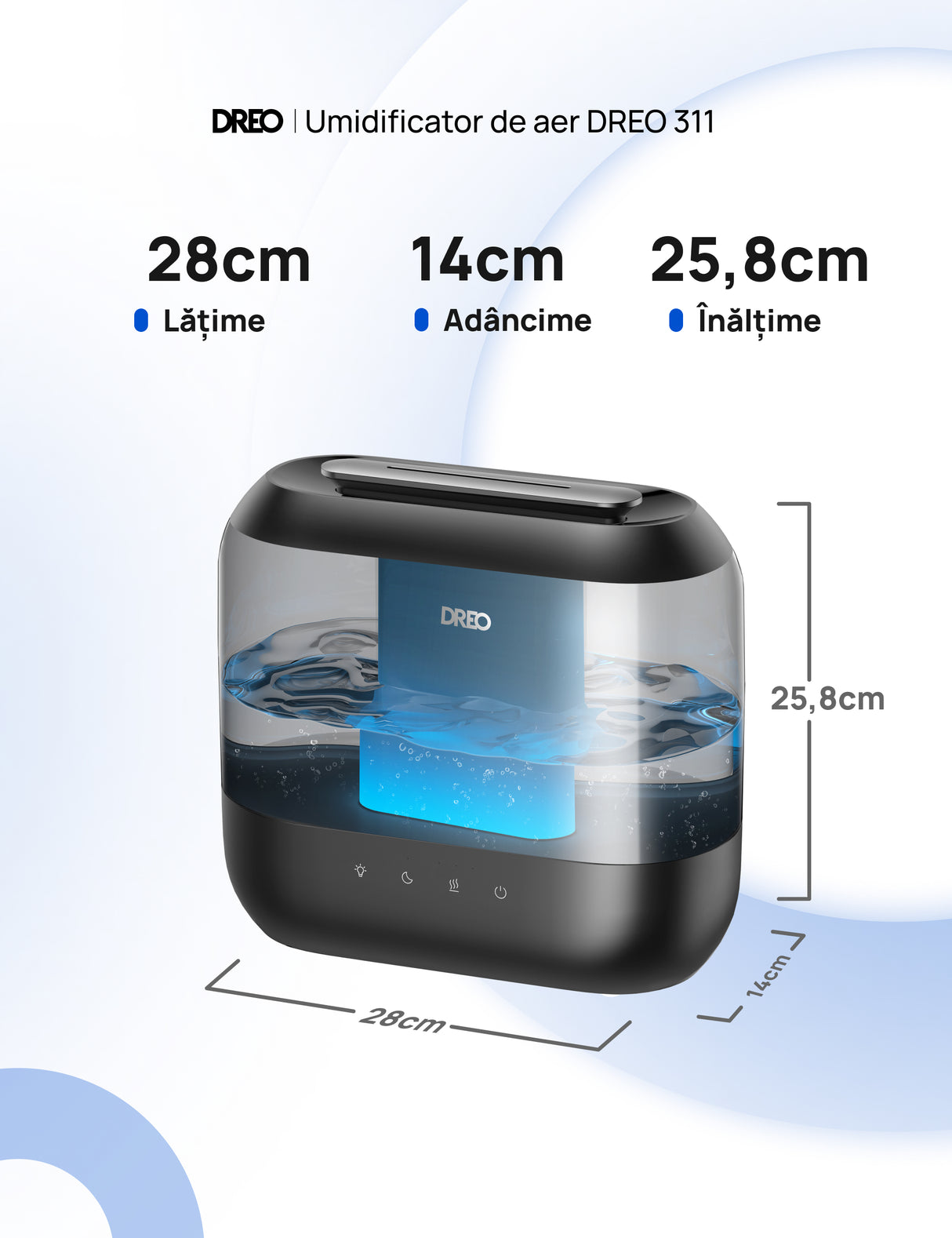 Umidificator Dreo 311S Smart, Wifi, Rezervor 4L,Capacitate de umidificare 250 ml/h, Ceata Rece, Autonomie 36 ore, Aromaterapie, Negru
