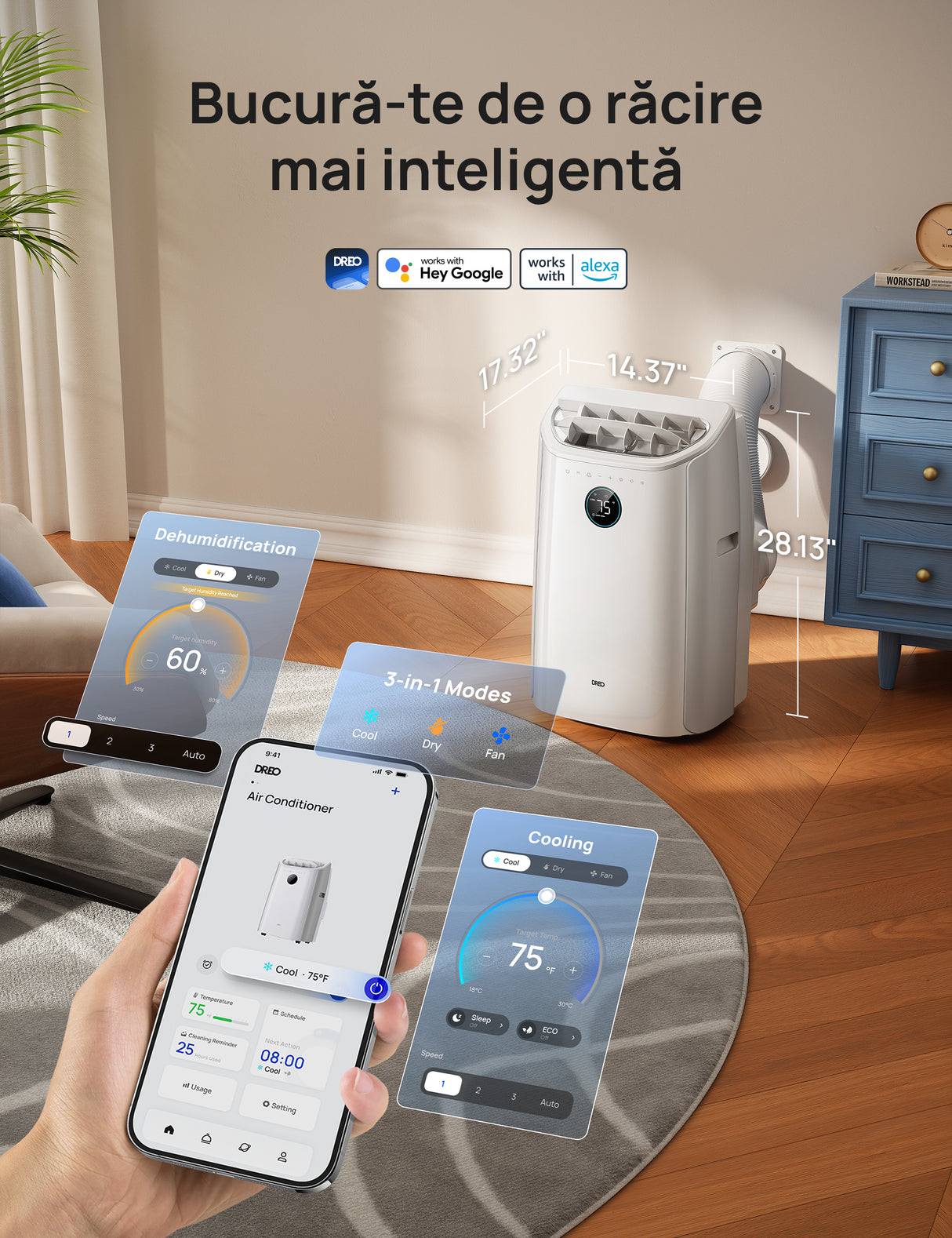 Aer Condiționat Portabil Smart Dreo DR-HAC005S, 12000 BTU, Telecomandă, 3 Moduri Funcționare (Răcire/Ventilator/Dezumidificare), Timer 24H, Control WiFi, Display LED, Kit Fereastră Inclus, Alb