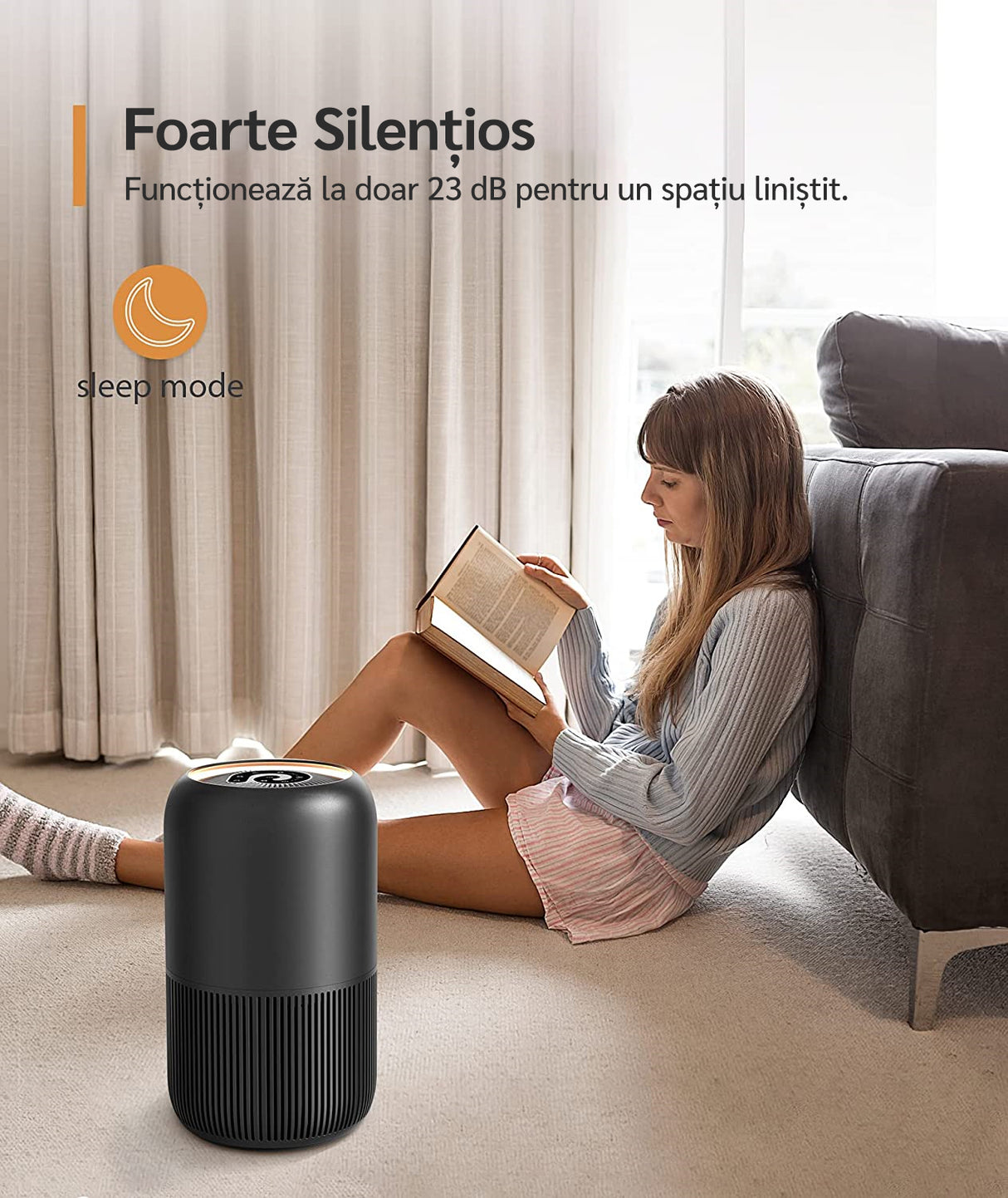 Purificator de aer Evoair, YuvoSpin, Lampă UV-C, Filtru 3in1, True Hepa, Carbon Activ, Pre-filtru, 4 viteze, Funcție Polen/Animale, Mod Noapte, Blocare Ecran, Lumină Ambientală, Negru