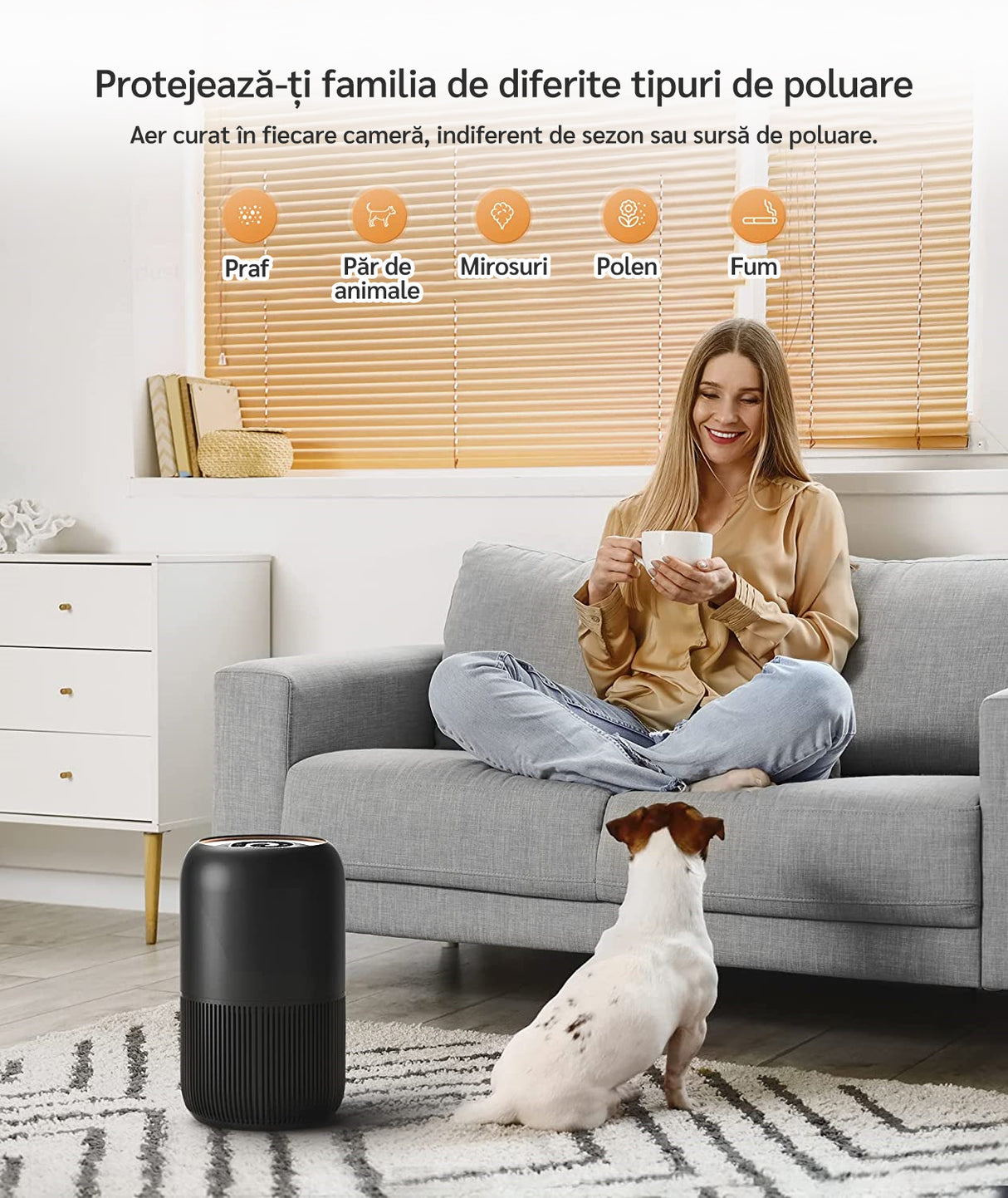 Purificator de aer Evoair, YuvoSpin, Lampă UV-C, Filtru 3in1, True Hepa, Carbon Activ, Pre-filtru, 4 viteze, Funcție Polen/Animale, Mod Noapte, Blocare Ecran, Lumină Ambientală, Alb