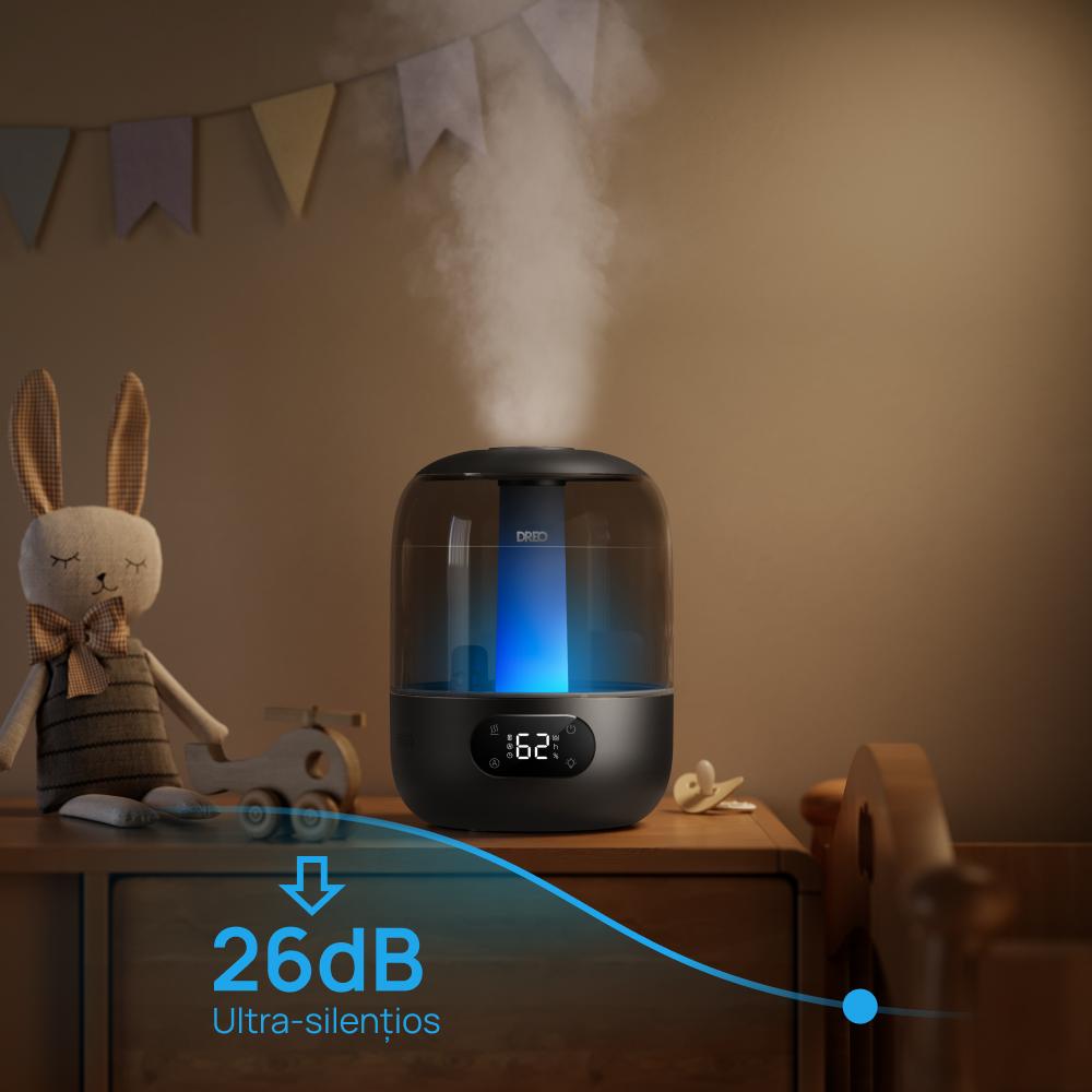 Umidificator Dreo 306, Rezorvor 3L, Capacitate de umidificare 250 ml/h, Senzor umiditate, Ceata Rece, Autonomie 30 ore, Negru