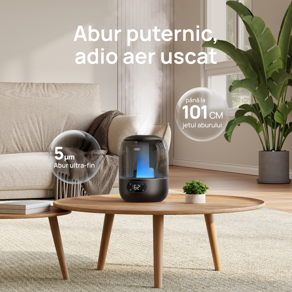 Umidificator Dreo 306, Rezorvor 3L, Capacitate de umidificare 250 ml/h, Senzor umiditate, Ceata Rece, Autonomie 30 ore, Negru