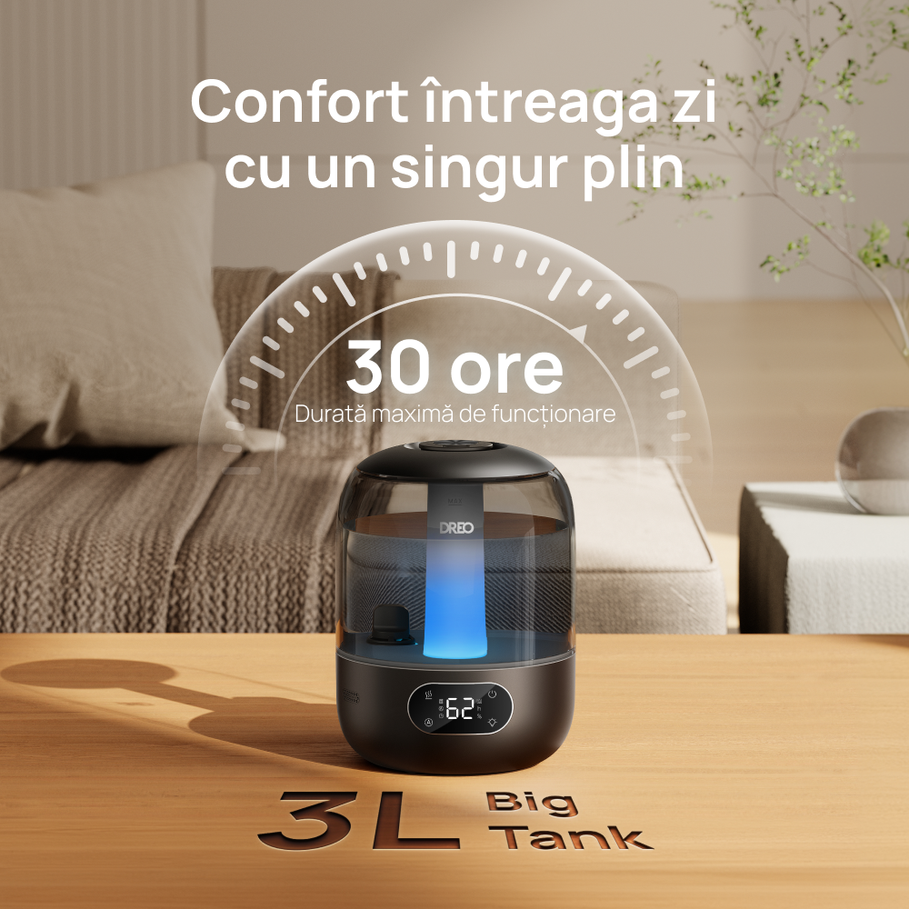 Umidificator Dreo 306, Rezorvor 3L, Capacitate de umidificare 250 ml/h, Senzor umiditate, Ceata Rece, Autonomie 30 ore, Negru