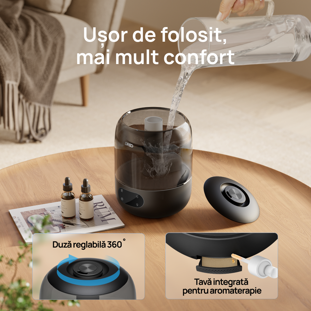Umidificator Dreo 306, Rezorvor 3L, Capacitate de umidificare 250 ml/h, Senzor umiditate, Ceata Rece, Autonomie 30 ore, Negru