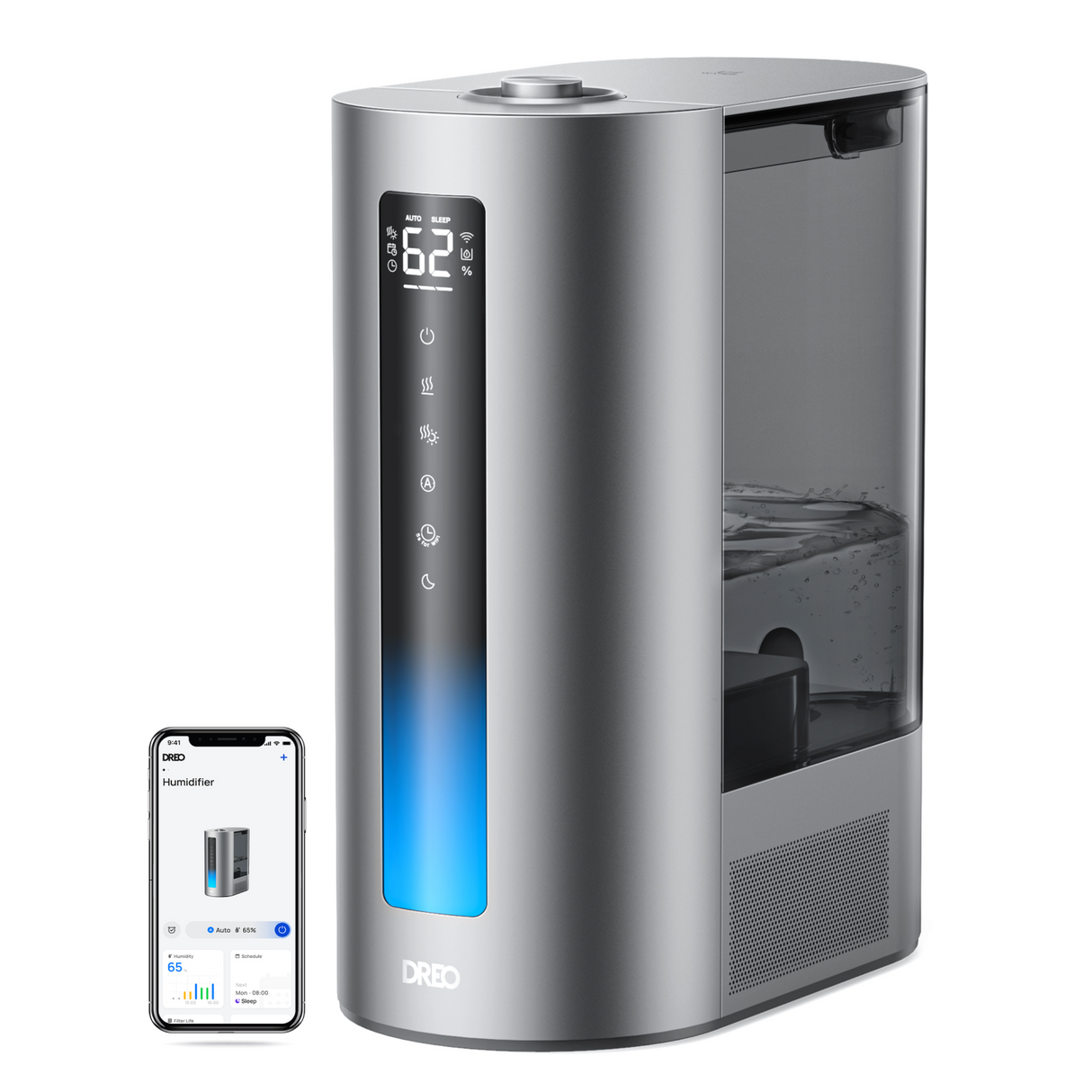 Umidificator Dreo 713S, Smart, WiFi, Rezervor 6L, Capacitate de umidificare 300 ml/h rece și 500 ml/h cald, Argintiu