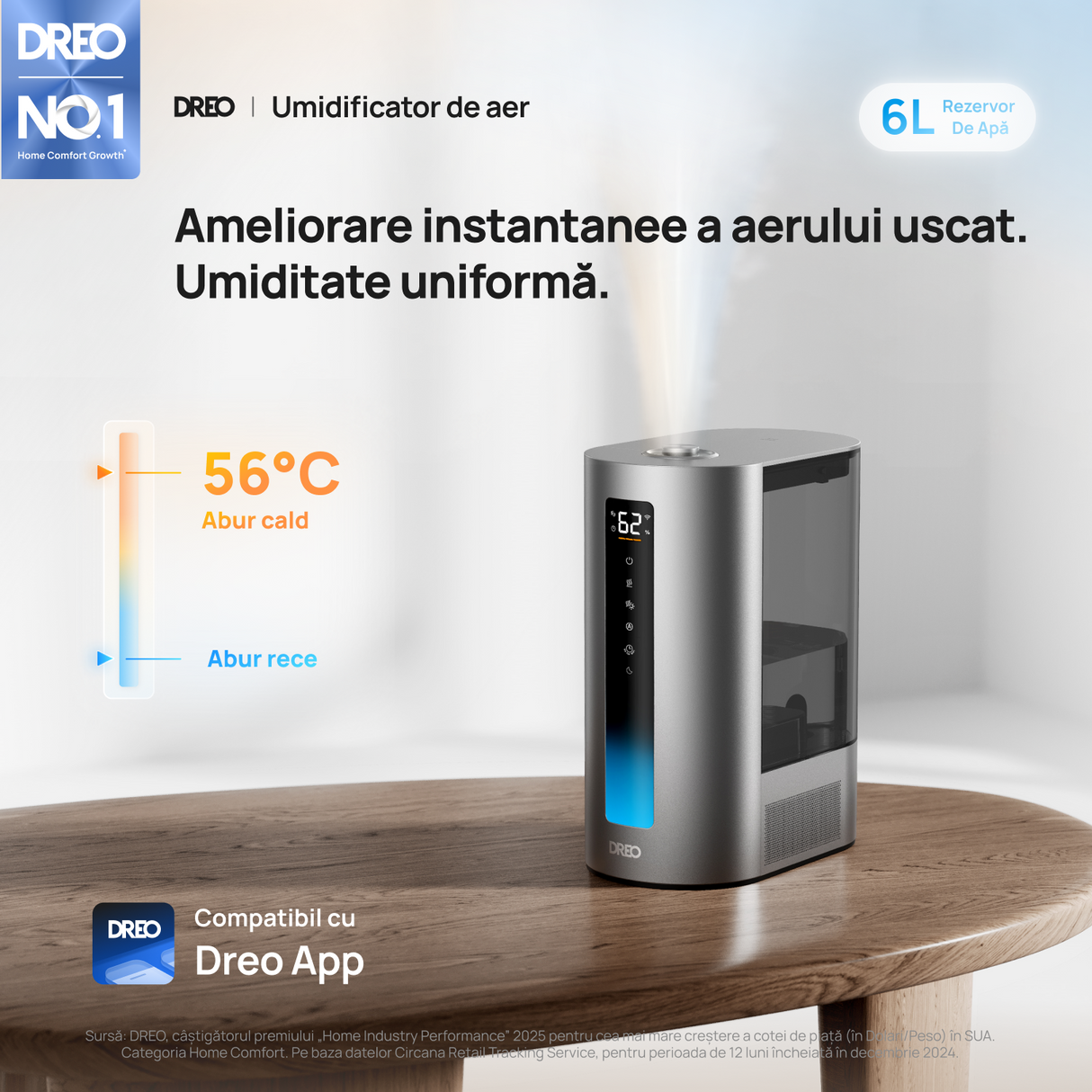 Umidificator Dreo 713S, Smart, WiFi, Rezervor 6L, Capacitate de umidificare 300 ml/h rece și 500 ml/h cald, Argintiu