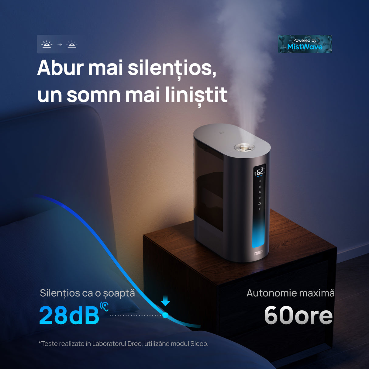 Umidificator Dreo 713S, Smart, WiFi, Rezervor 6L, Capacitate de umidificare 300 ml/h rece și 500 ml/h cald, Argintiu