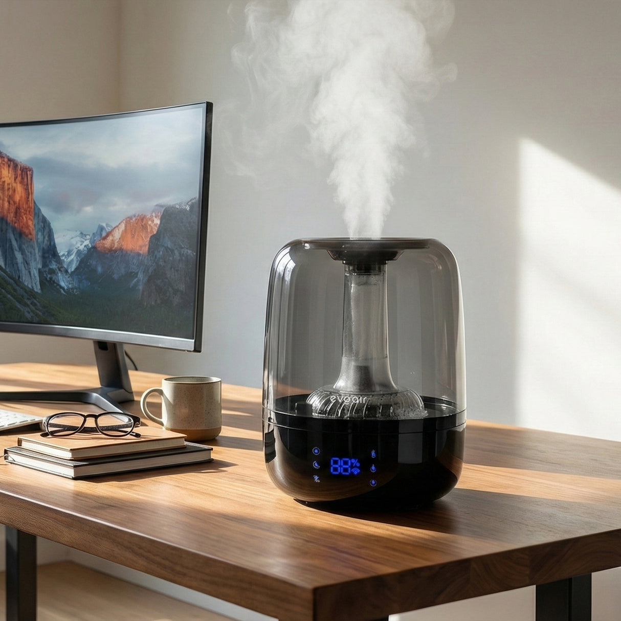 Umidificator Evoair LUNO, Smart, Wifi, Rezervor 2.5L, Capacitate de umidificare 150 ml/h, Senzor umiditate, Autonomie 16 ore, Indicator umiditate și temperatură, Filtru mineral Anticalcar