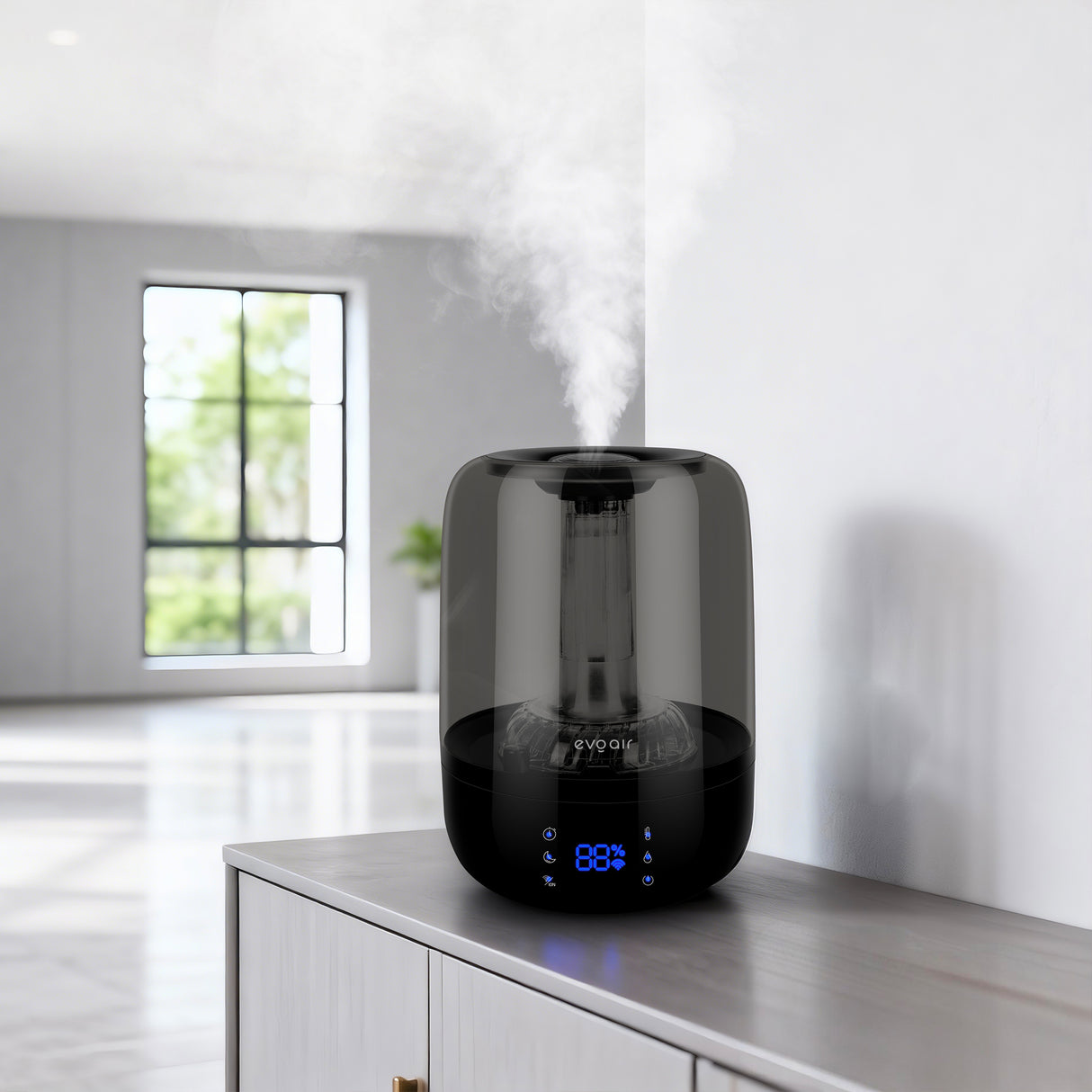 Umidificator Evoair LUNO BLACK, Smart, Wifi, Rezervor 2.5L, Capacitate de umidificare 150 ml/h, Senzor umiditate, Autonomie 16 ore, Indicator umiditate și temperatură, Negru&Gri