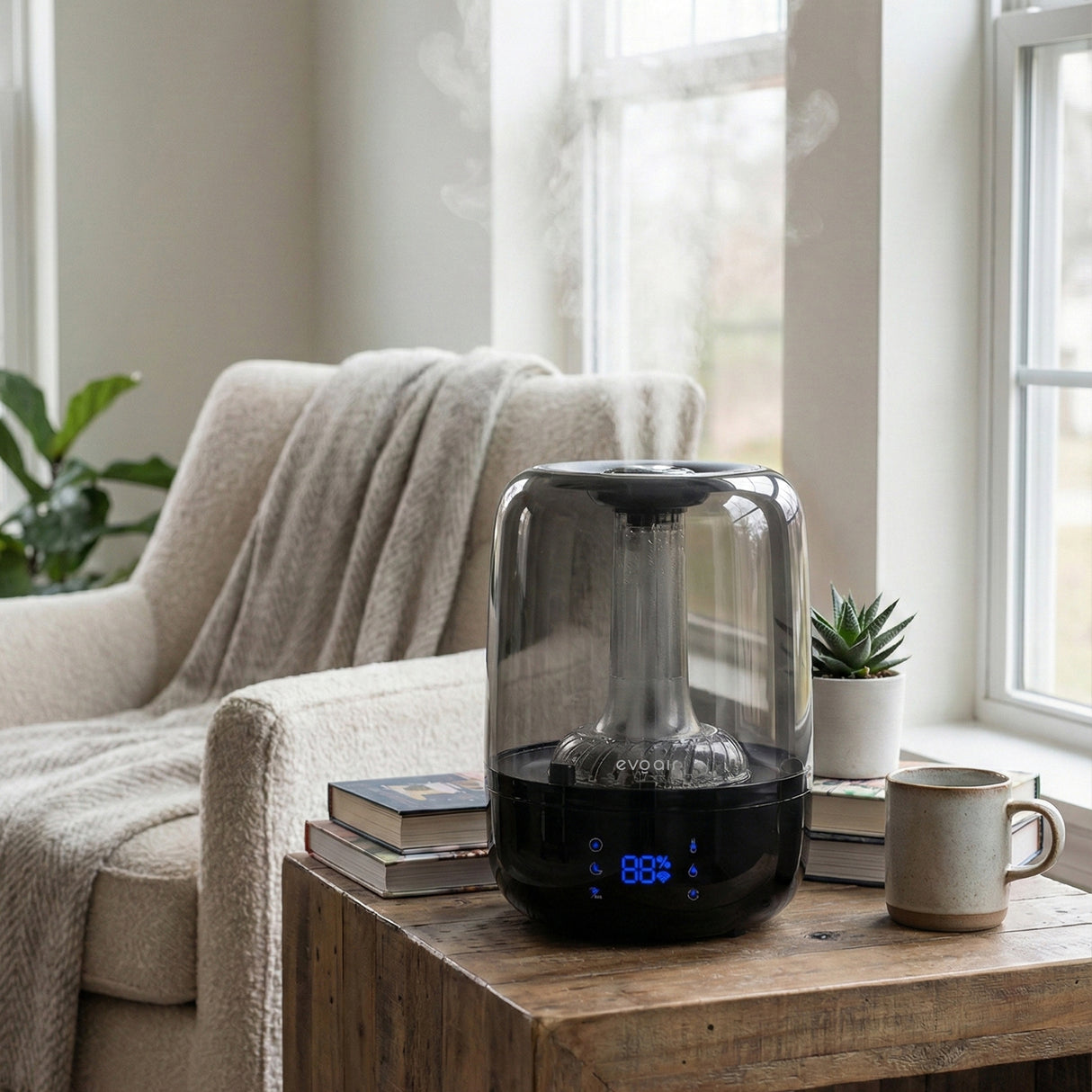 Umidificator Evoair LUNO, Smart, Wifi, Rezervor 2.5L, Capacitate de umidificare 150 ml/h, Senzor umiditate, Autonomie 16 ore, Indicator umiditate și temperatură, Filtru mineral Anticalcar