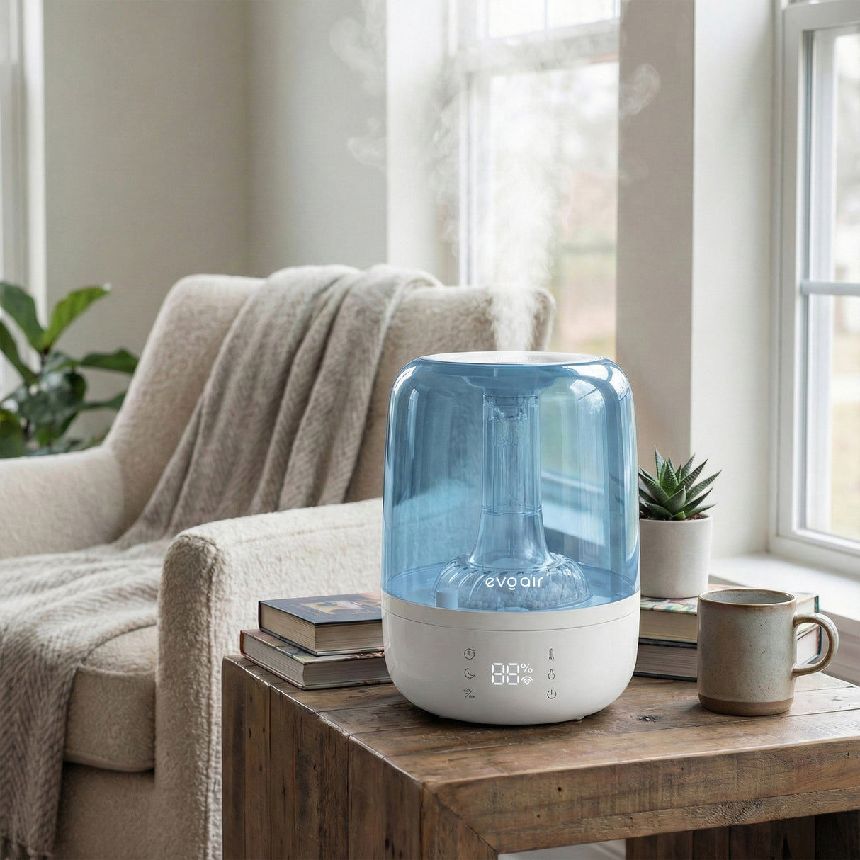 Umidificator Evoair LUNO, Smart, Wifi, Rezervor 2.5L, Capacitate de umidificare 150 ml/h, Senzor umiditate, Autonomie 16 ore, Indicator umiditate și temperatură, Filtru mineral Anticalcar