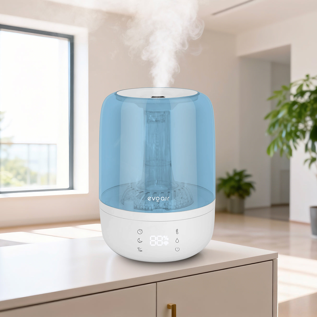 Umidificator Evoair LUNO, Smart, Wifi, Rezervor 2.5L, Capacitate de umidificare 150 ml/h, Senzor umiditate, Autonomie 16 ore, Indicator umiditate și temperatură, Filtru mineral Anticalcar