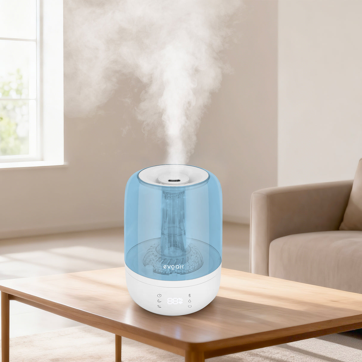 Umidificator Evoair LUNO BLUE, Smart, Wifi, Rezervor 2.5LCapacitate de umidificare 150 ml/h, Senzor umiditate, Autonomie 16 ore, Indicator umiditate și temperatură, Alb&Albastru