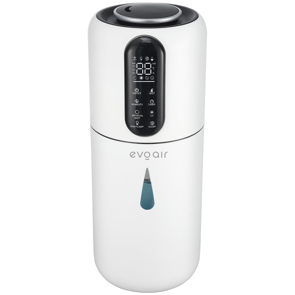 Umidificator Evoair STEAMIX3800 Smart, Wifi, Rezervor 3.8L, Capacitate de umidificare 300ml/h, Senzor umiditate, Mod Auto, Autonomie 13 ore, Lampă UVA, Aromaterapie, Indicator umiditate și temperatură, Telecomandă, Alb