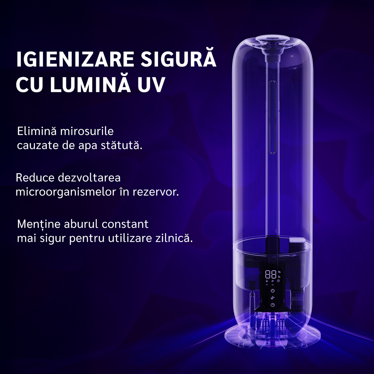 Umidificator aer Evoair Umio, Rezervor 8l, Lampa UV, 3 trepte umidificare, Indicator Umiditate, Duză de Ceață, Aromaterapie, Telecomandă, Alb