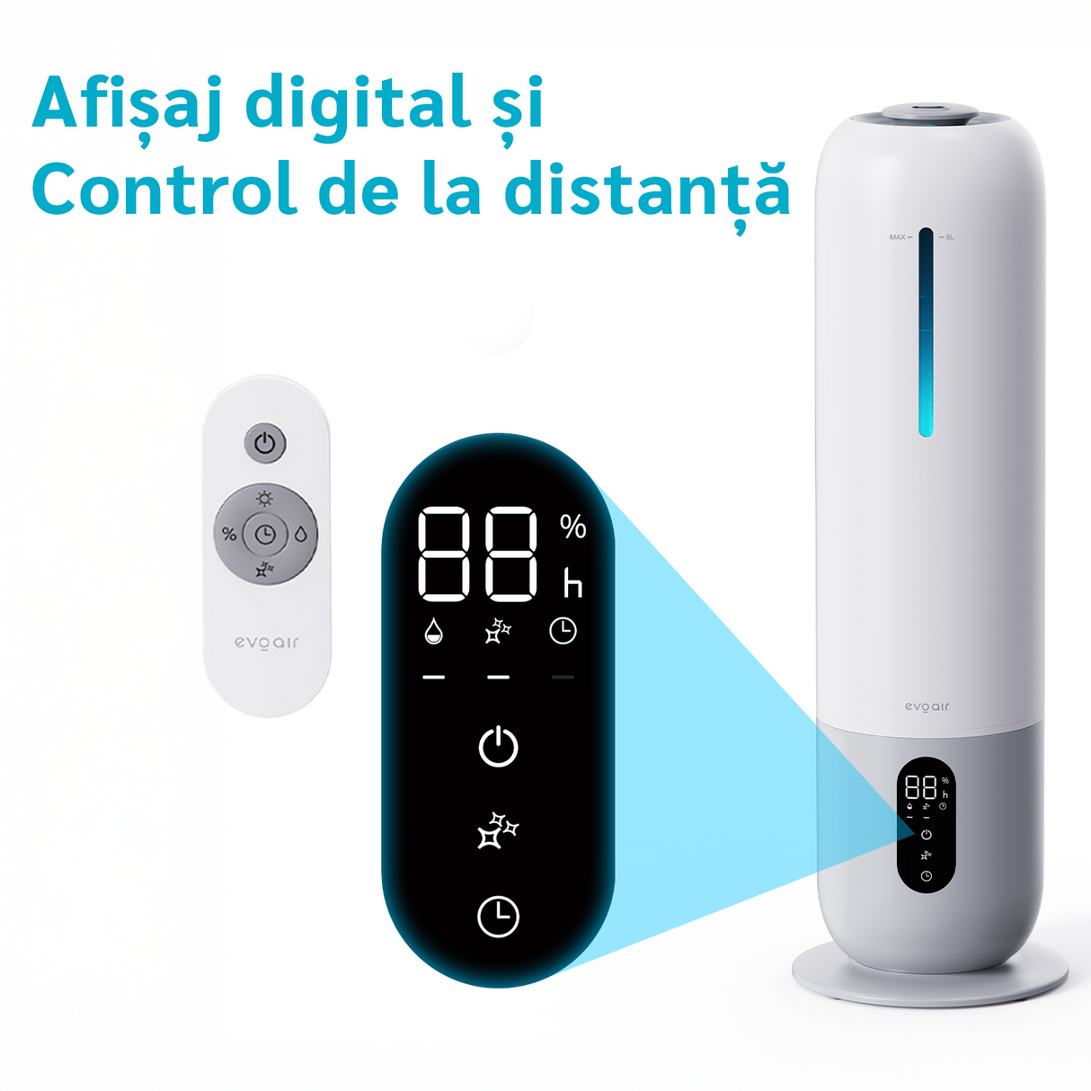 Umidificator aer Evoair Umio, Rezervor 8l, Lampa UV, 3 trepte umidificare, Indicator Umiditate, Duză de Ceață, Aromaterapie, Telecomandă, Alb