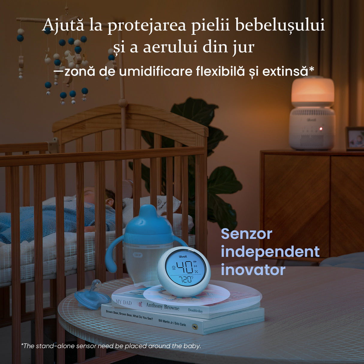 Umidificator aer Levoit Sprout Baby Evaporativ Smart, Rezervor 3.8l, 280ml/h, Senzor extern de umiditate, Comandă vocală, Funcție Auto-Drying, Albastru