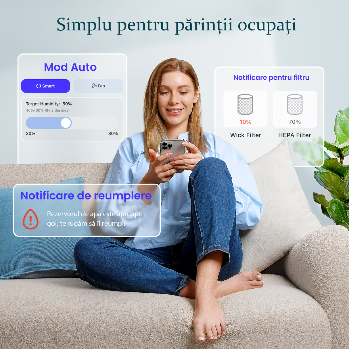 Umidificator aer Levoit Sprout Baby Evaporativ Smart, Rezervor 3.8l, 280ml/h, Senzor extern de umiditate, Comandă vocală, Funcție Auto-Drying, Albastru