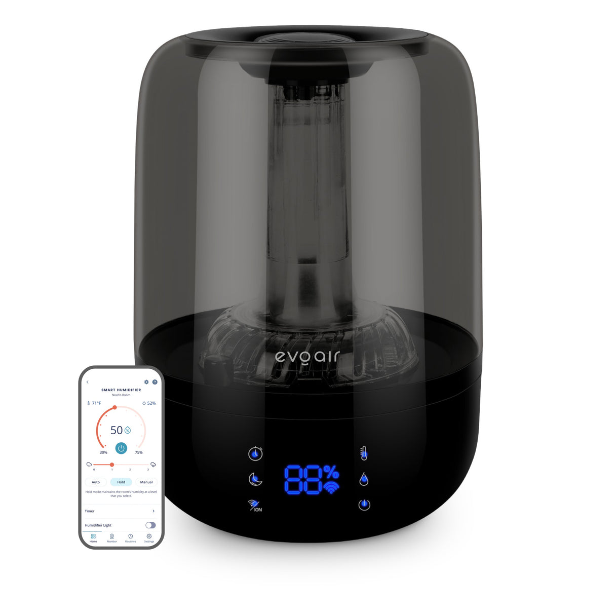 Umidificator Evoair LUNO, Smart, Wifi, Rezervor 2.5L, Capacitate de umidificare 150 ml/h, Senzor umiditate, Autonomie 16 ore, Indicator umiditate și temperatură, Filtru mineral Anticalcar