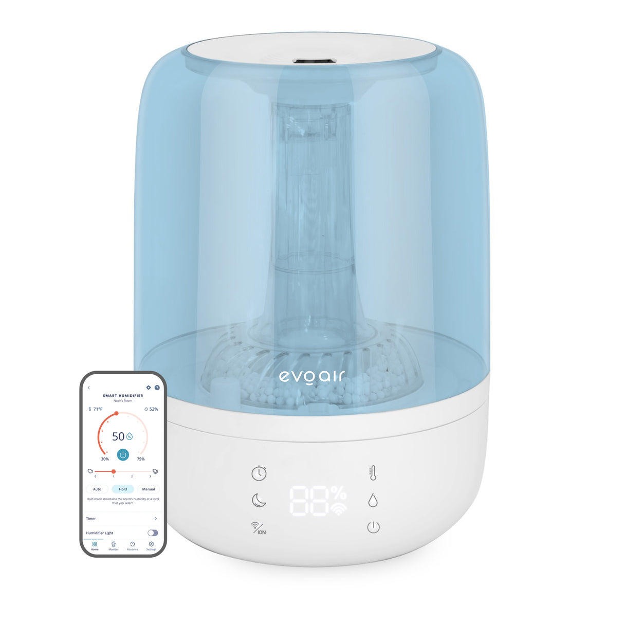 Umidificator Evoair LUNO, Smart, Wifi, Rezervor 2.5L, Capacitate de umidificare 150 ml/h, Senzor umiditate, Autonomie 16 ore, Indicator umiditate și temperatură, Filtru mineral Anticalcar