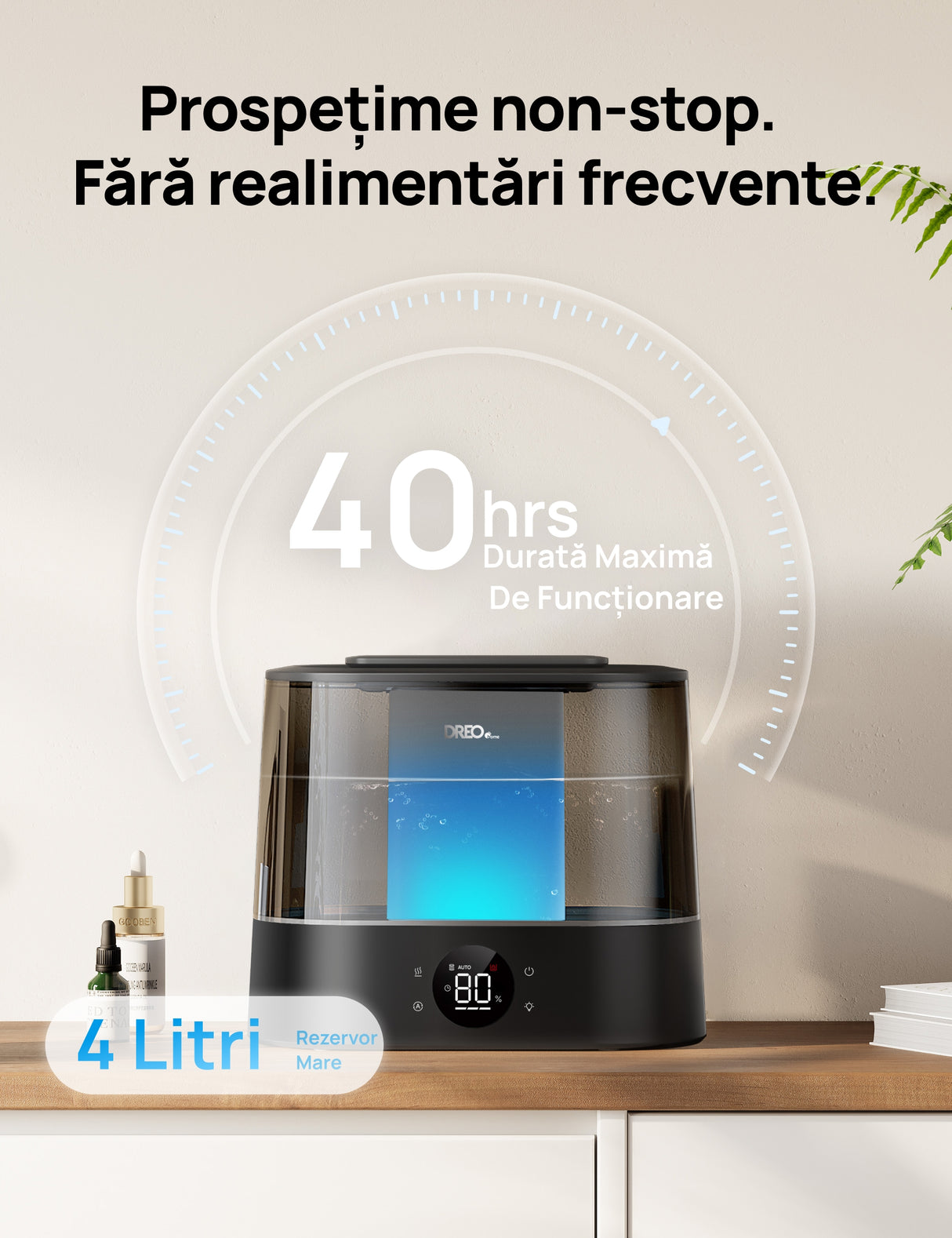 Umidificator aer Dreo DR-HHM010S Smart, Rezervor 4l, 250ml/h, 3 trepte umidificare, Senzor de Umiditate, Mod Auto, Aromaterapie, Negru