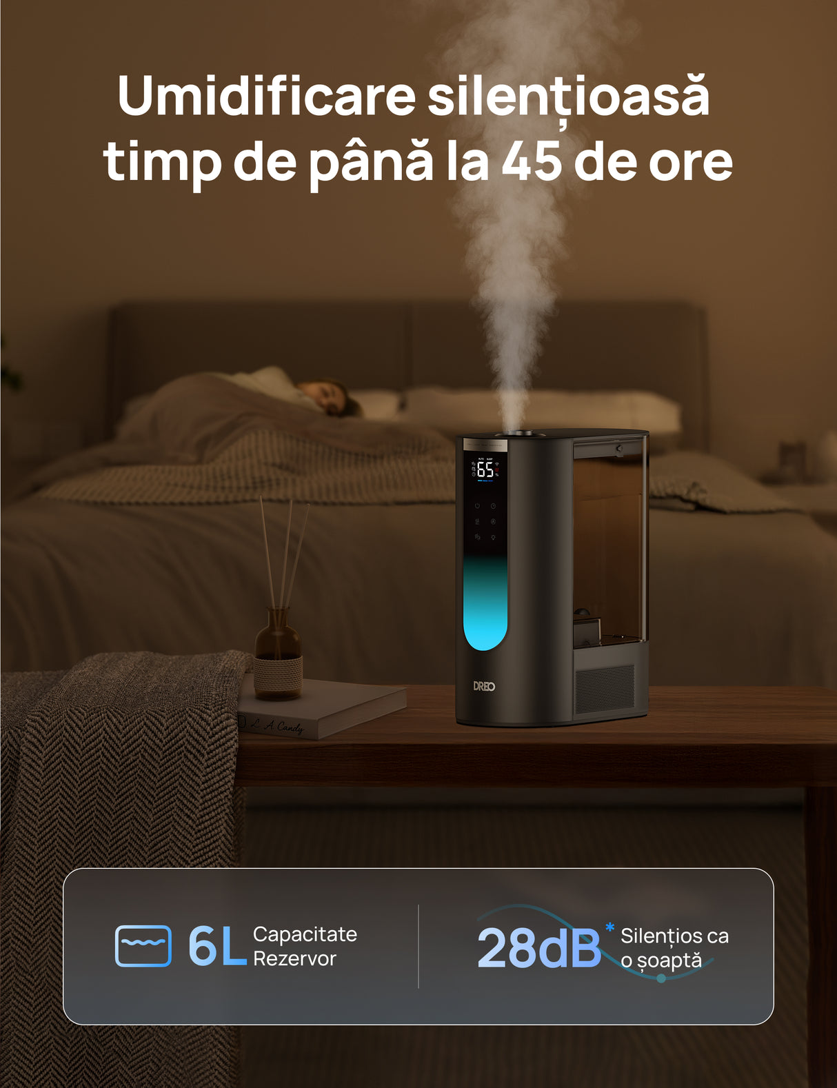 Umidificator aer Dreo DR-HHM013S Smart, Rezervor 6l, 500ml/h, Functie Incalzire, 3 trepte umidificare, Indicator Umiditate, Duză de Ceață, Mod Auto, Aromaterapie, Negru
