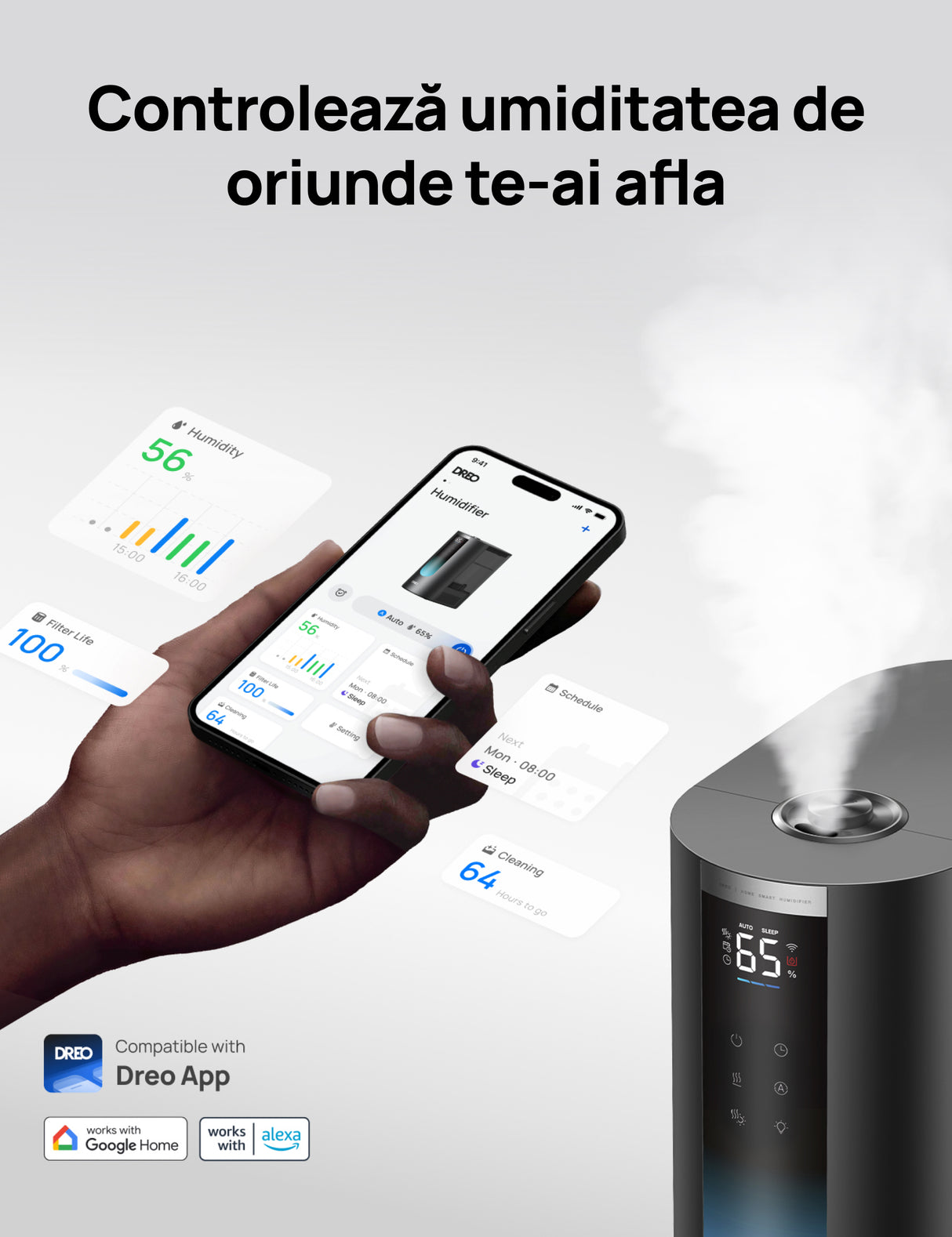 Umidificator aer Dreo DR-HHM010S Smart, Rezervor 4l, 250ml/h, 3 trepte umidificare, Senzor de Umiditate, Mod Auto, Aromaterapie, Negru