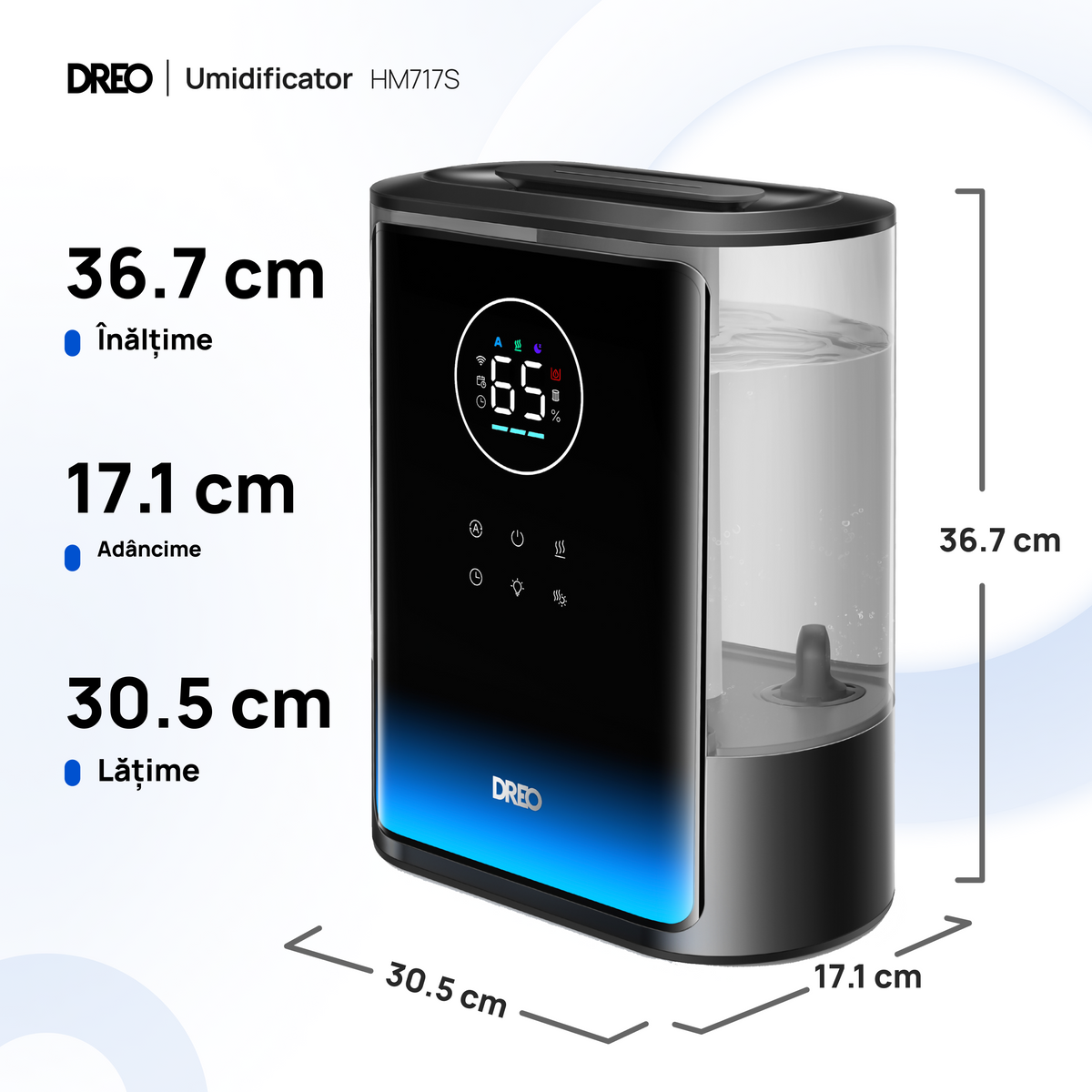 Umidificator de aer Dreo 717S Smart, Rezervor 8L, 550ml/h, Ceață caldă și rece, Autonomie până la 80h, Acoperire 56m², Senzor umiditate, Indicator Umiditate, Temporizator, Aromaterapie, Negru