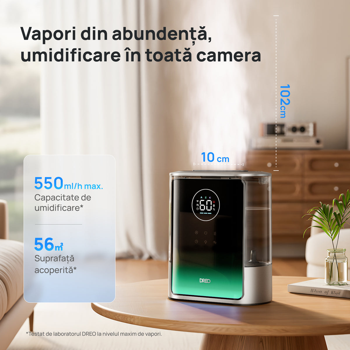 Umidificator de aer Dreo 717S Smart, Rezervor 8L, 550ml/h, Ceață caldă și rece, Autonomie până la 80h, Acoperire 56m², Senzor umiditate, Indicator Umiditate, Temporizator, Aromaterapie, Negru