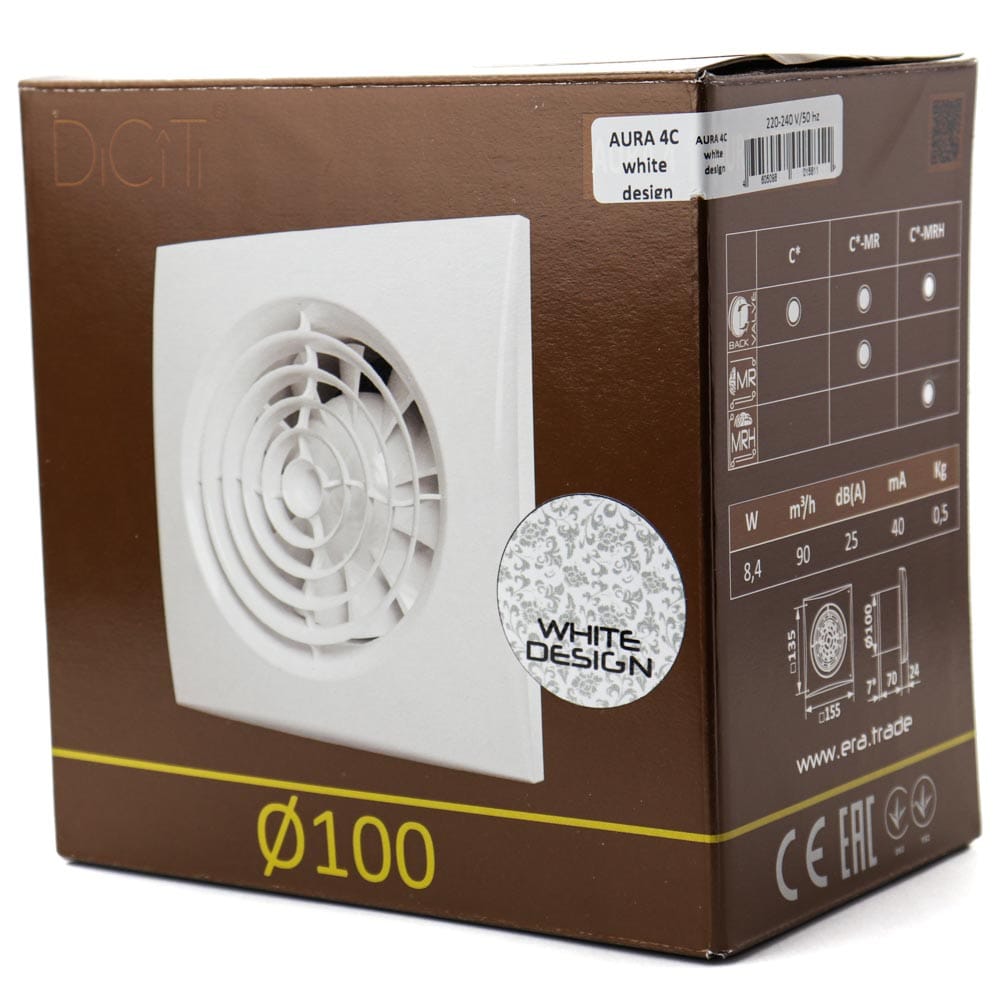 Ventilator baie AURA 4C Silent, Clapeta antiretur, Garantie 2 ani, Motor Long Life 40000h, Debit 90mc/h, Ø100mm, white design
